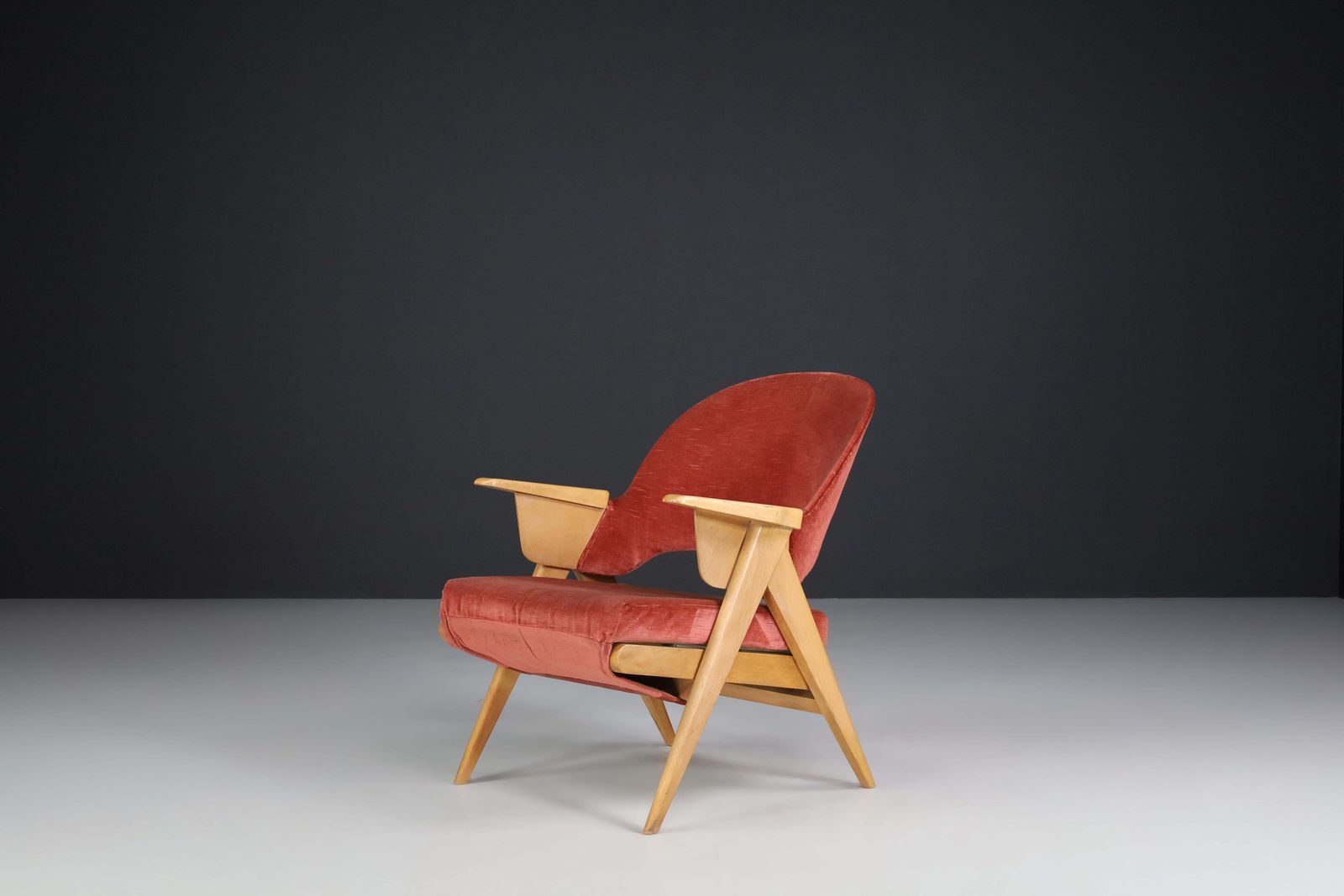 Mid Century Modern Wood And Original Velvet Lounge Chair Made In France, 1950s photo vinterior