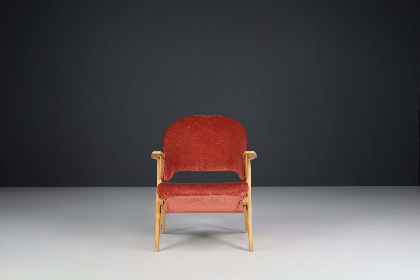 Mid Century Modern Wood And Original Velvet Lounge Chair Made In France, 1950s photo buy