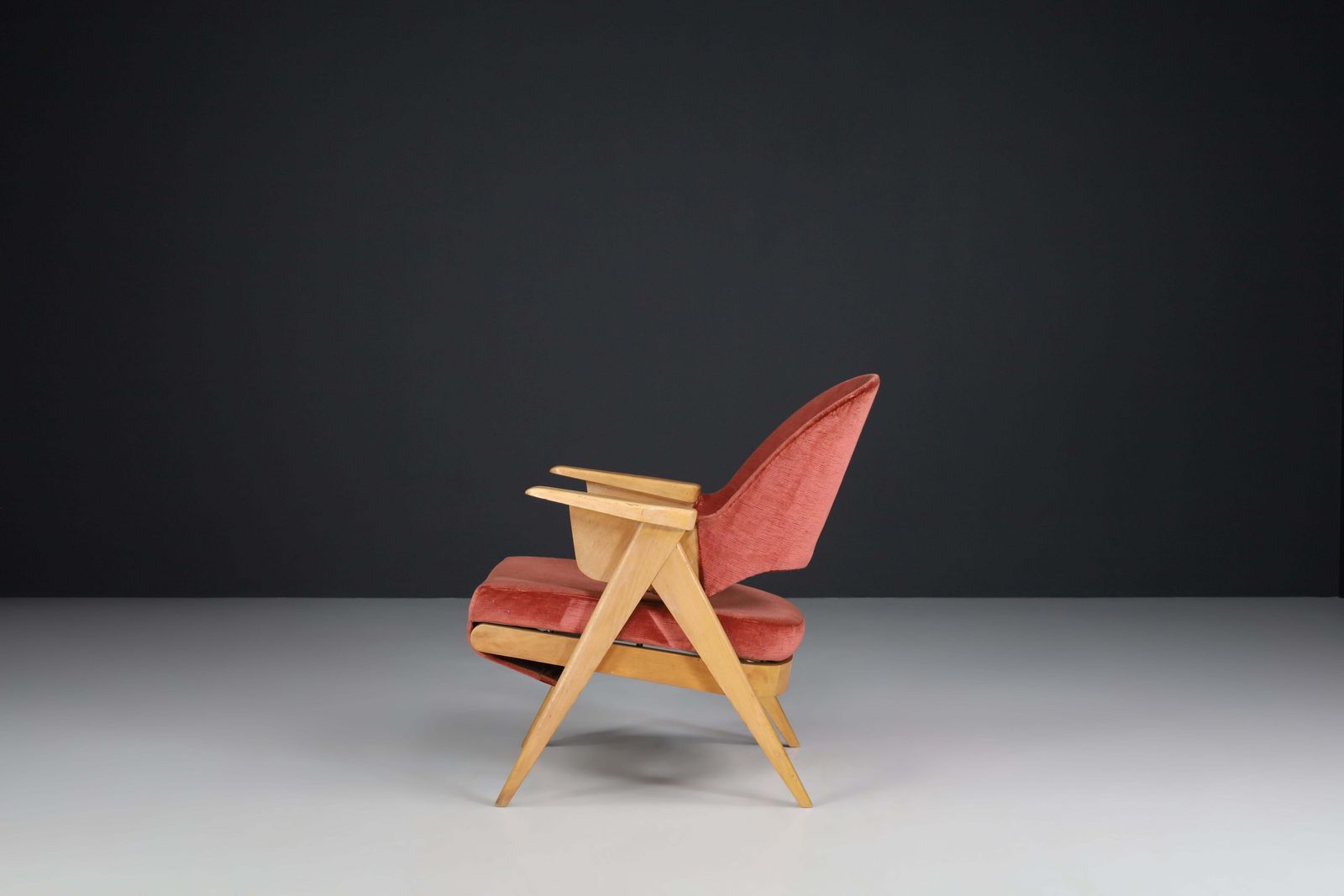 Mid Century Modern Wood And Original Velvet Lounge Chair Made In France, 1950s photo vintage