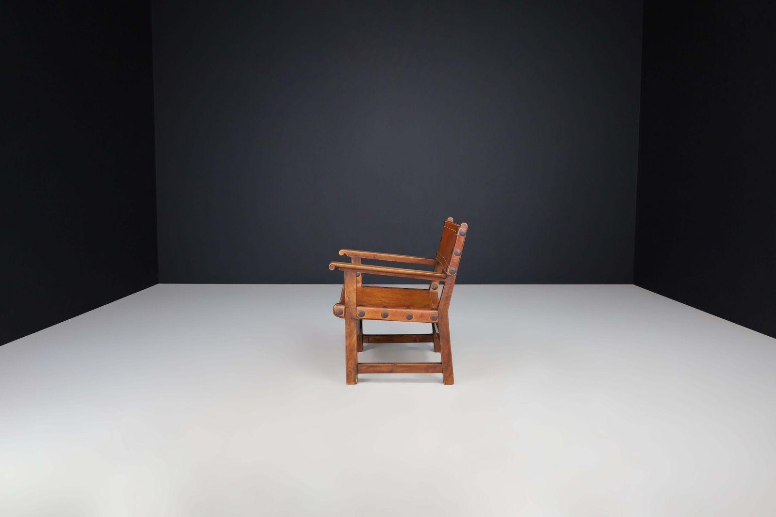 Patinated Wood And Cognac Leather "Spanish Chair" Spain, 1960s photo vintage