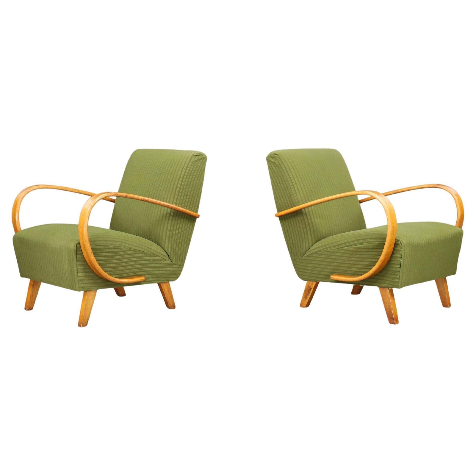 Pair Of Jindřich Halabala Bentwood Armchairs, Prague, 1940s In Green Fabric