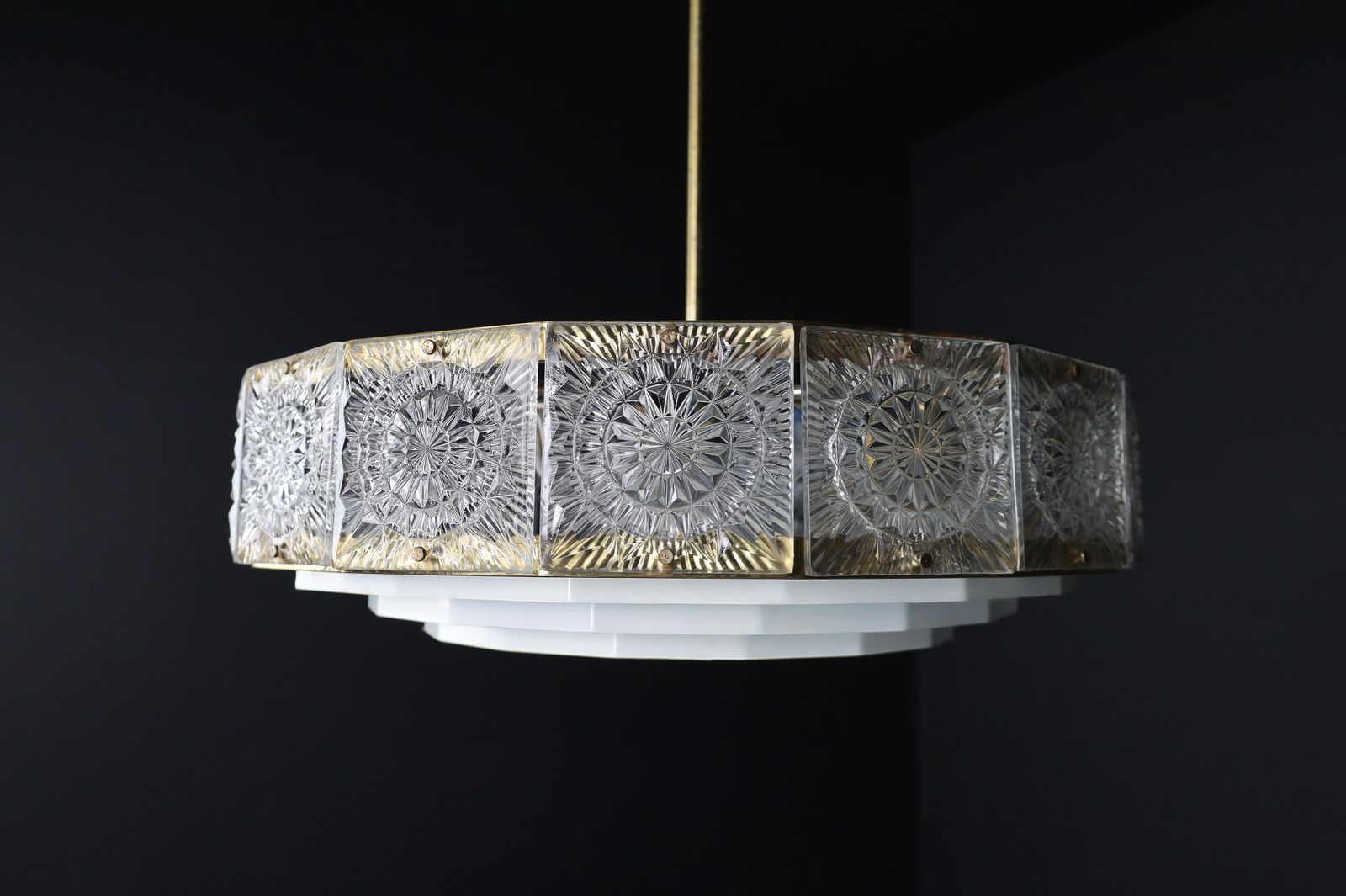 Mid Century Modern Patinated Brass And Bohemian Glass Chandelier, 1970s photo vinterior