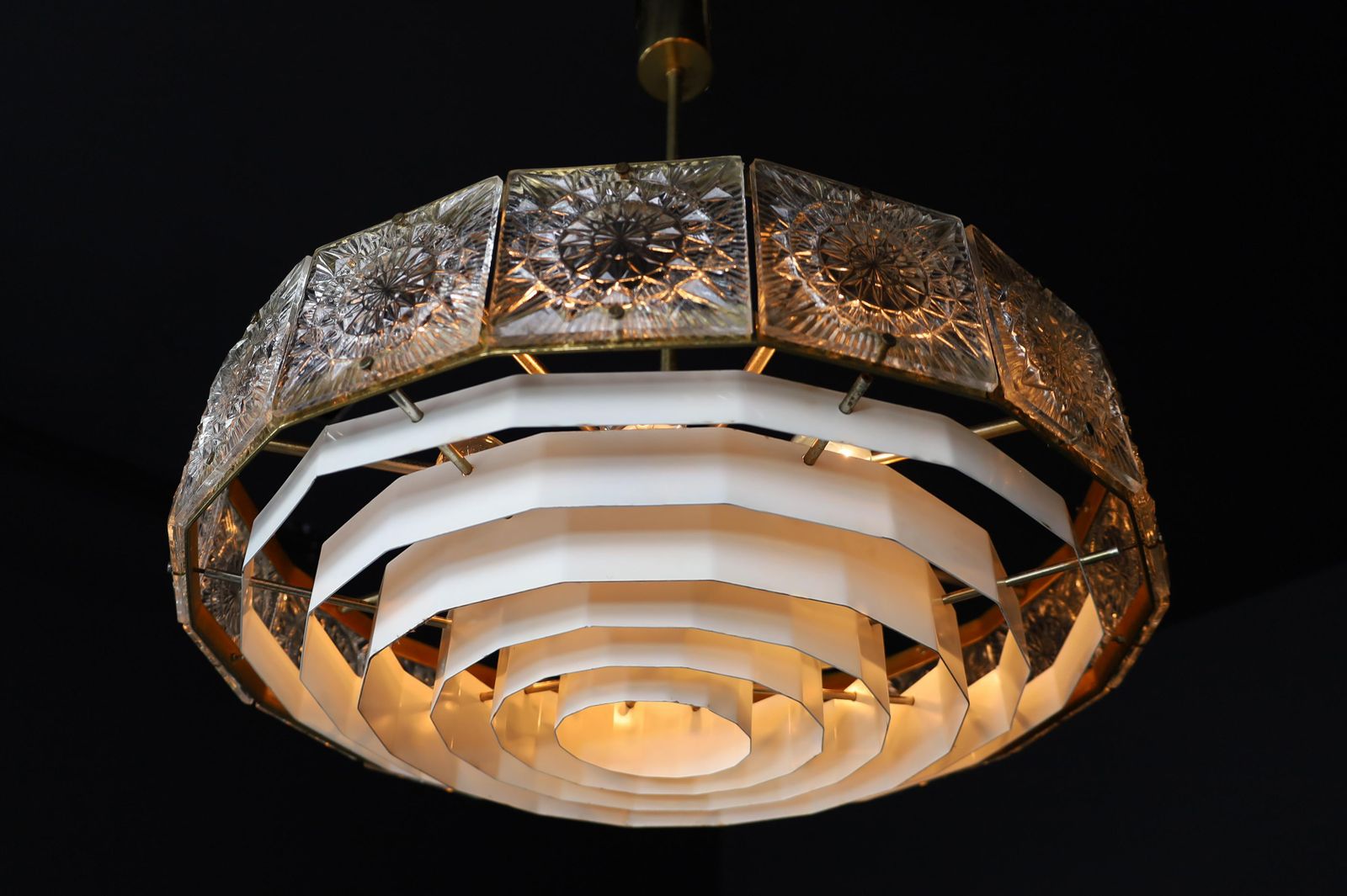 Mid Century Modern Patinated Brass And Bohemian Glass Chandelier, 1970s photo vintage