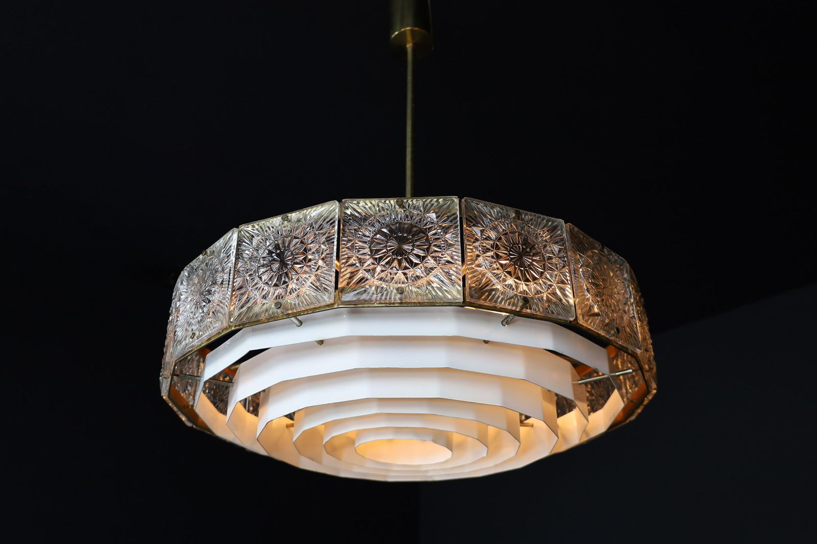photo furniture Mid Century Modern Patinated Brass And Bohemian Glass Chandelier, 1970s