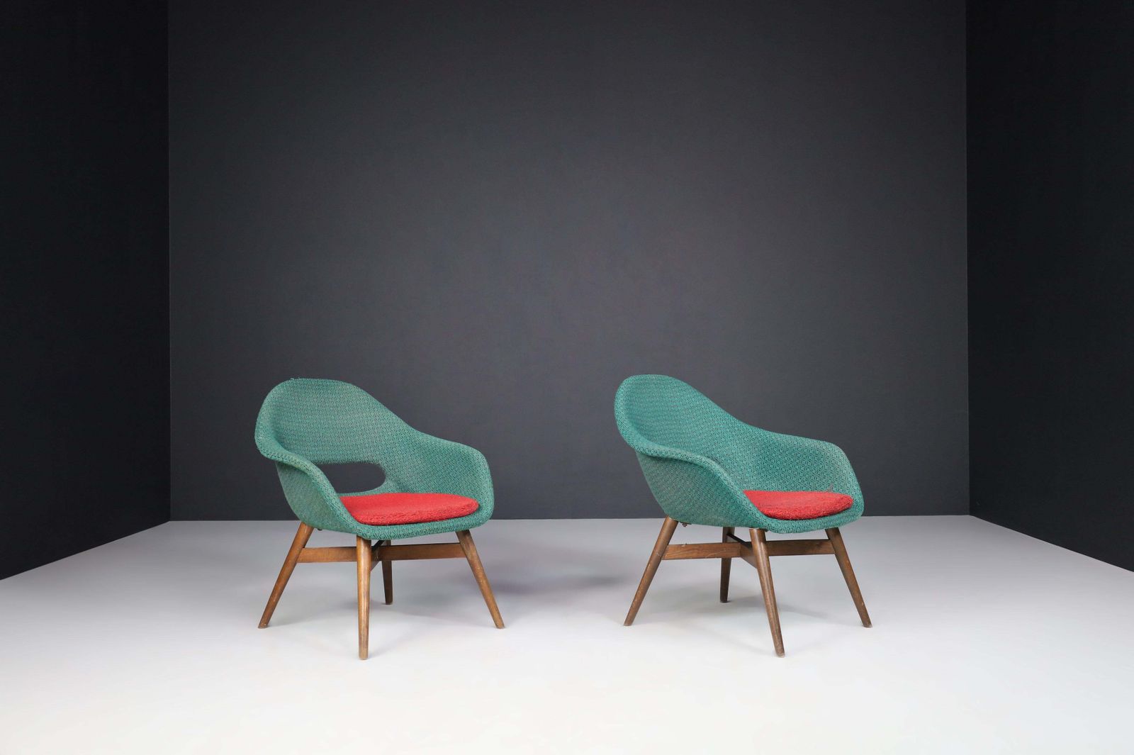 Miroslav Navratil Easy Chairs In Original Green & Red Fabric, 1960 photo furniture