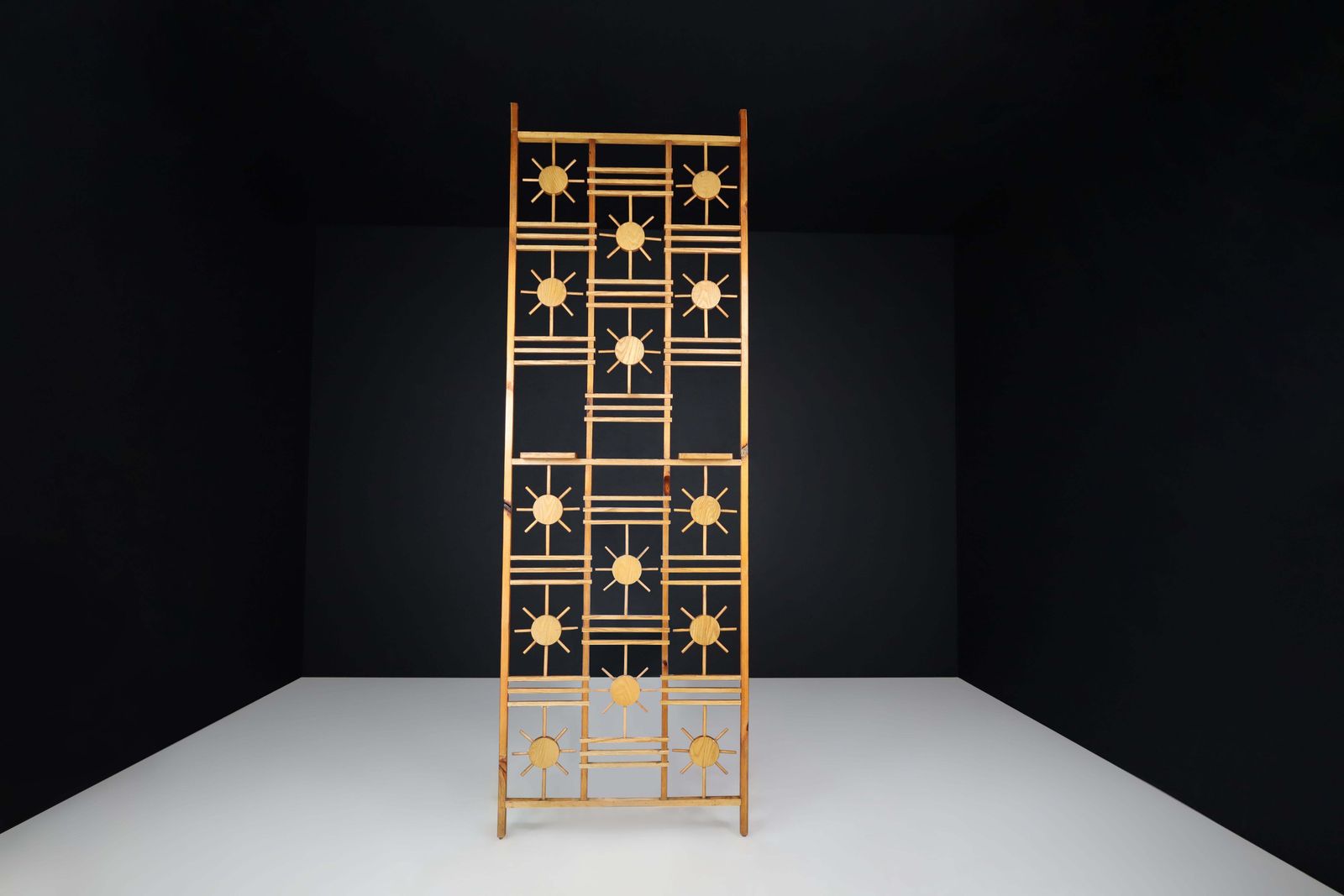 photo furniture Mid Century French Pine Room Divider With Sunburst Accents, 1960s