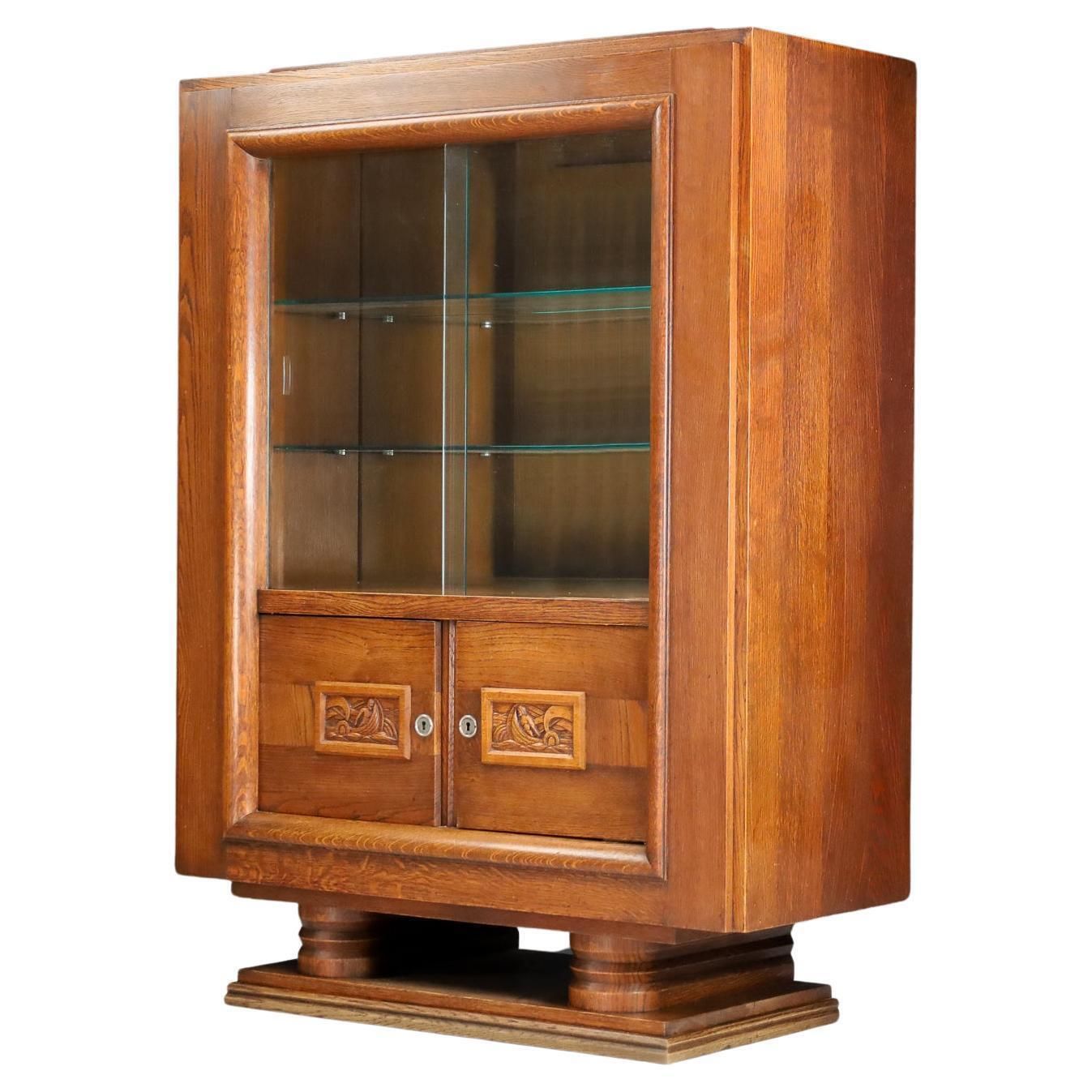 Charles Dudouyt Art Deco Glazed Cabinet In Oak, France, 1940s