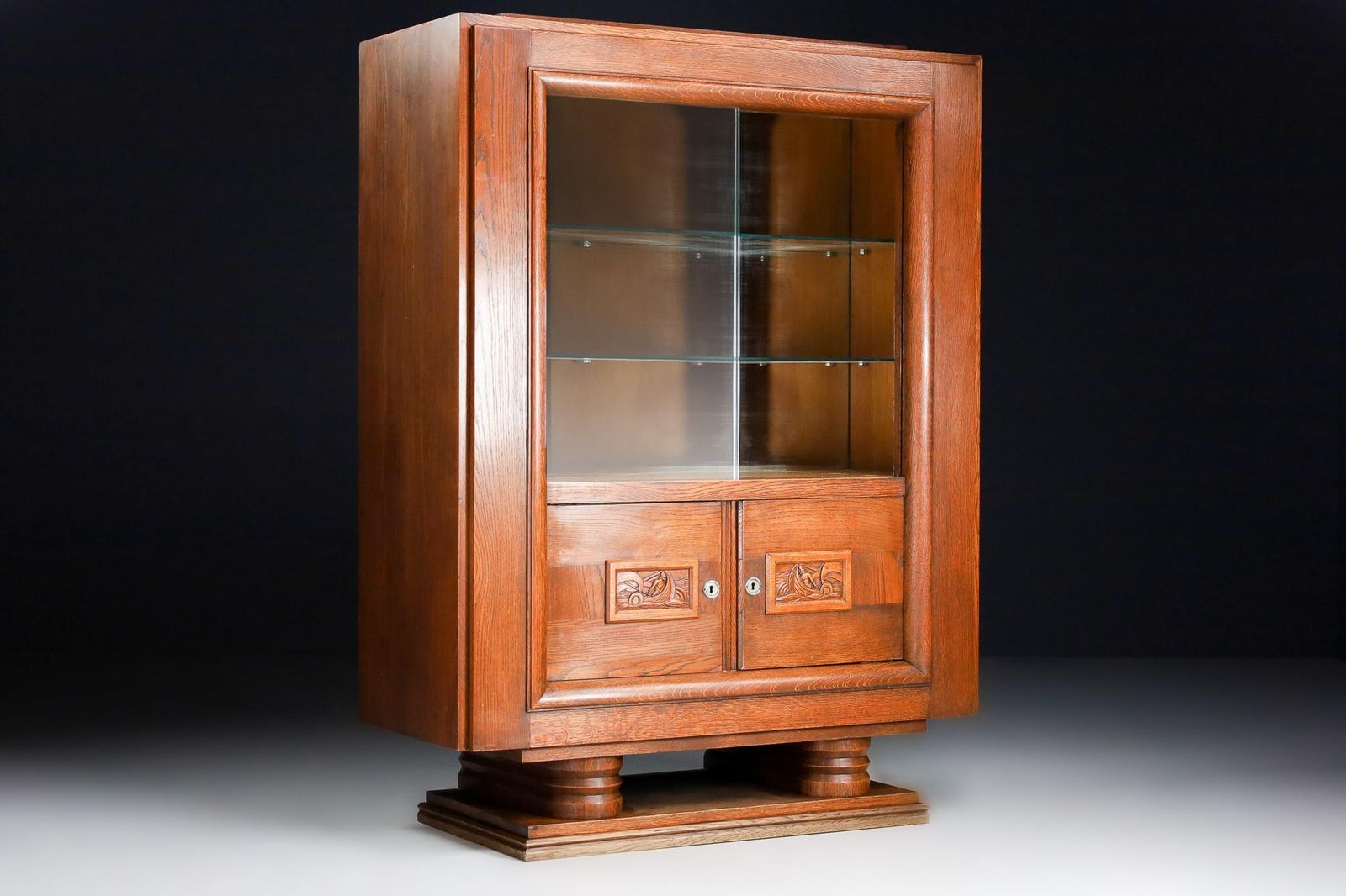 Charles Dudouyt Art Deco Glazed Cabinet In Oak, France, 1940s photo vintage