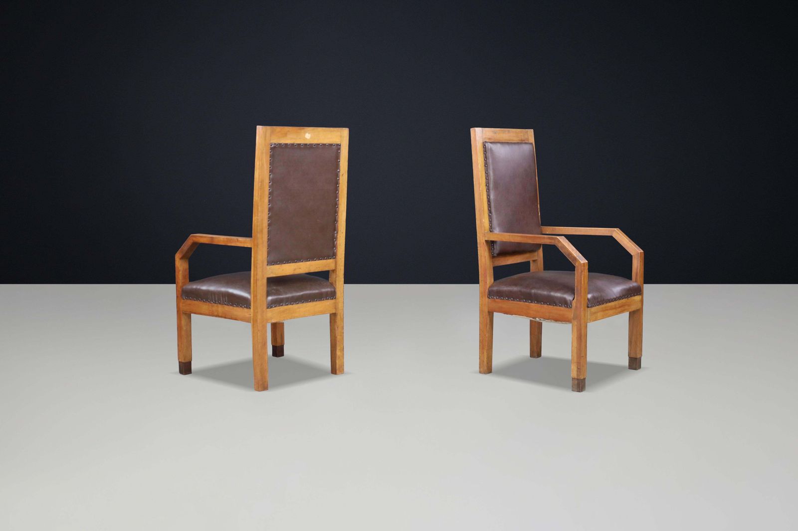 Pair Of Giovanni Michelucci Patinated Oak And Leather Armchairs, Italy, 1930s photo Furniture