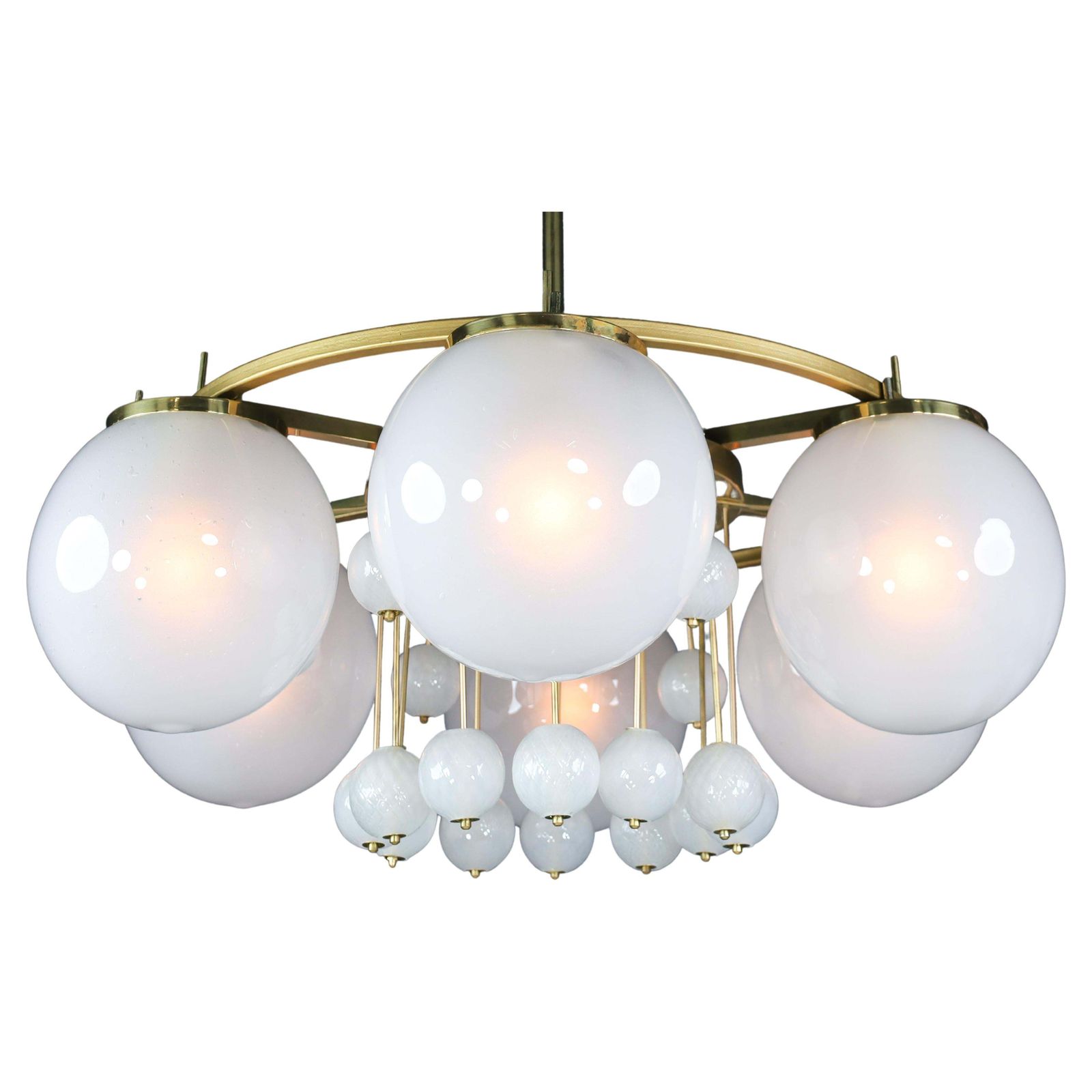 Large Brass Bohemian Chandelier With Frosted Glas Globes, The 1950s