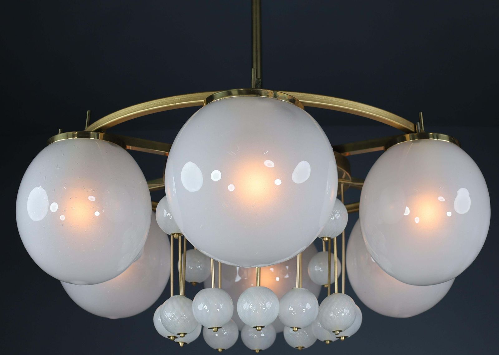 Large Brass Bohemian Chandelier With Frosted Glas Globes, The 1950s photo furniture