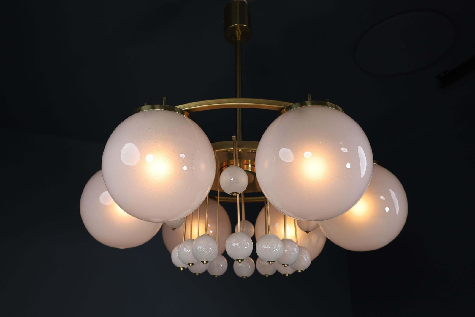 Large Brass Bohemian Chandelier With Frosted Glas Globes, The 1950s photo for sale