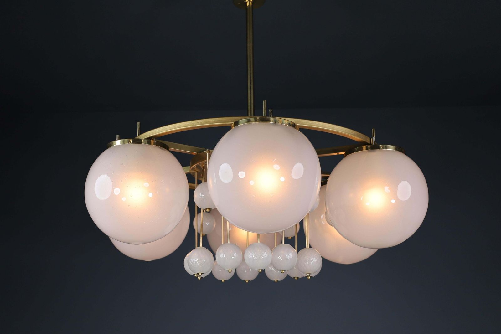 photo furniture Large Brass Bohemian Chandelier With Frosted Glas Globes, The 1950s