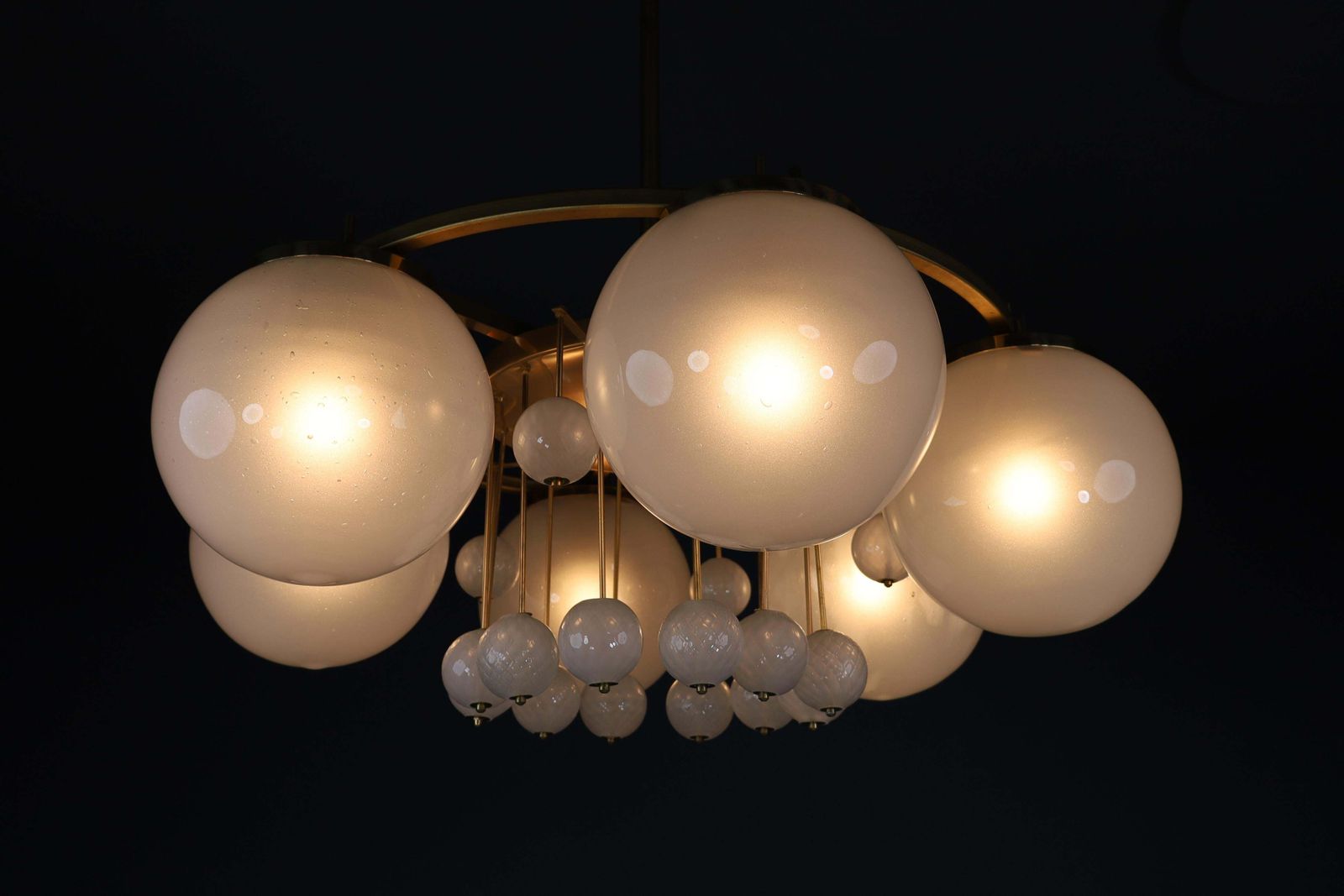 photo for sale Large Brass Bohemian Chandelier With Frosted Glas Globes, The 1950s