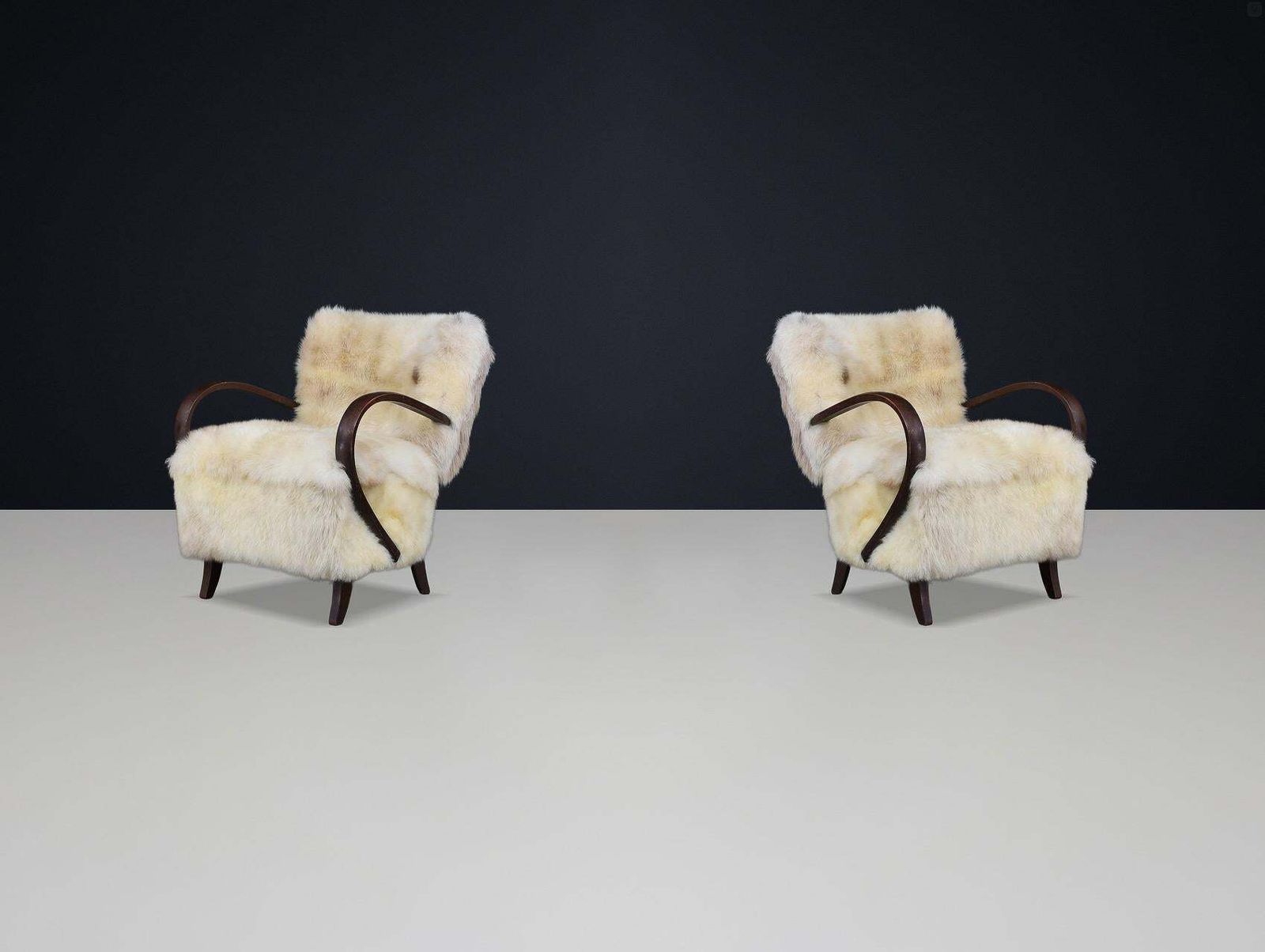 1930s Jindřich Halabala Bentwood Lounge Chairs In Sheepskin, Thonet photo for sale