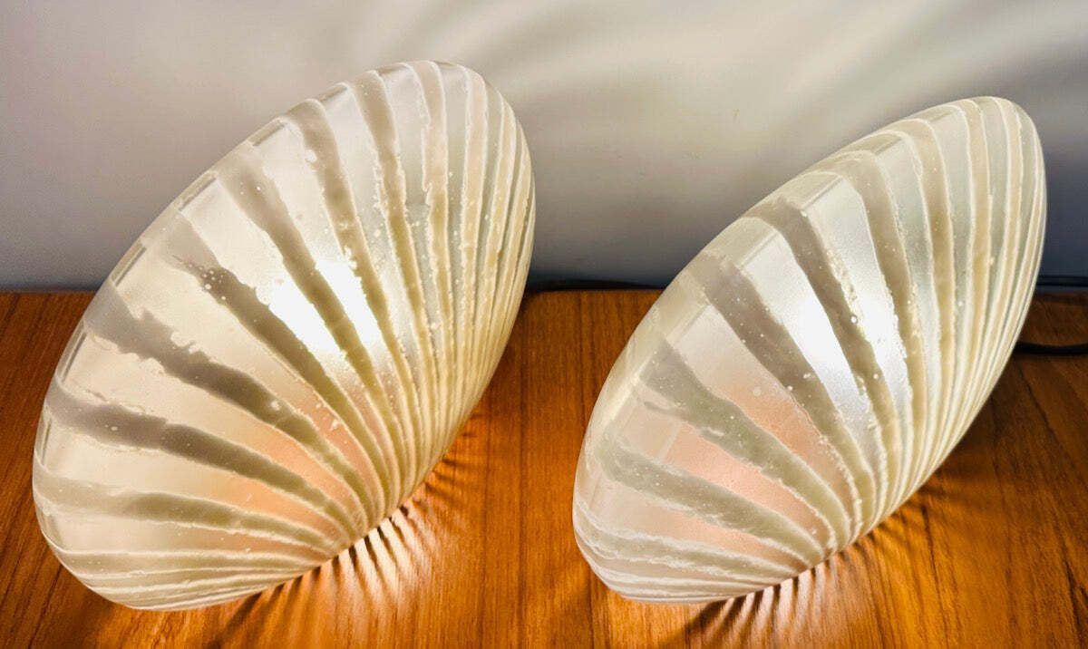 Pair Of 1970s German Peill & Putzler "Zebra" Shell Gold Tinted Striped Glass Table Lamps photo vinterior
