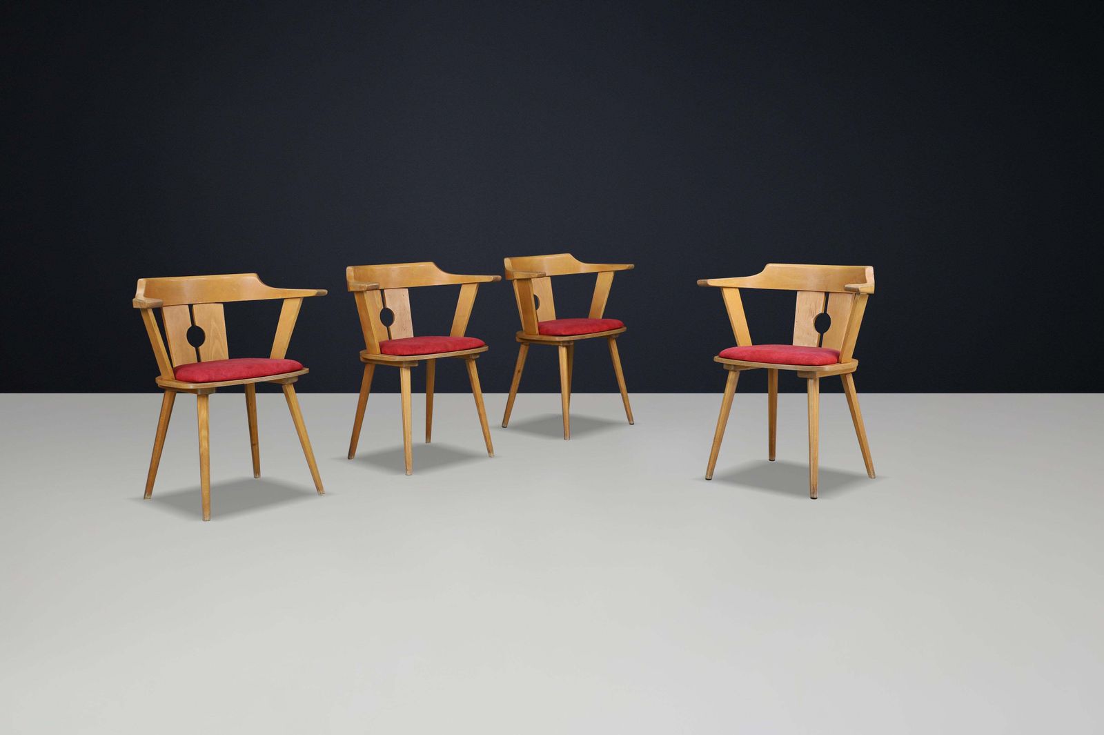 Mid Century French Bistro Armchair In Beech And Red Upholstery, 1950s photo furniture