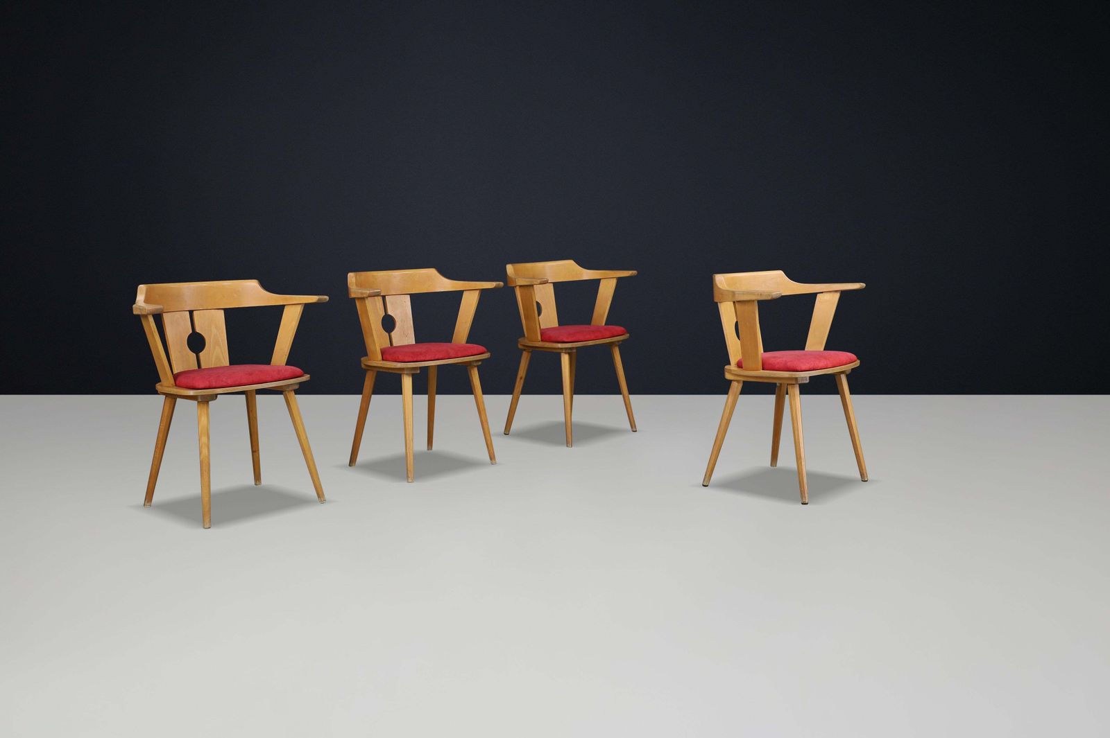 Mid Century French Bistro Armchair In Beech And Red Upholstery, 1950s photo 703.0