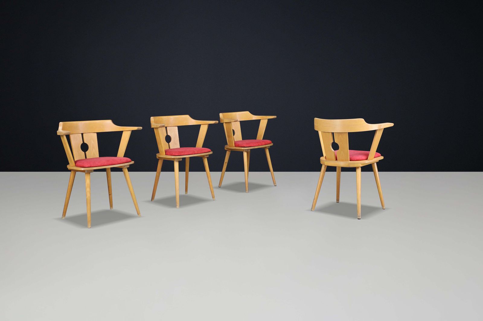 Mid Century French Bistro Armchair In Beech And Red Upholstery, 1950s photo vinterior