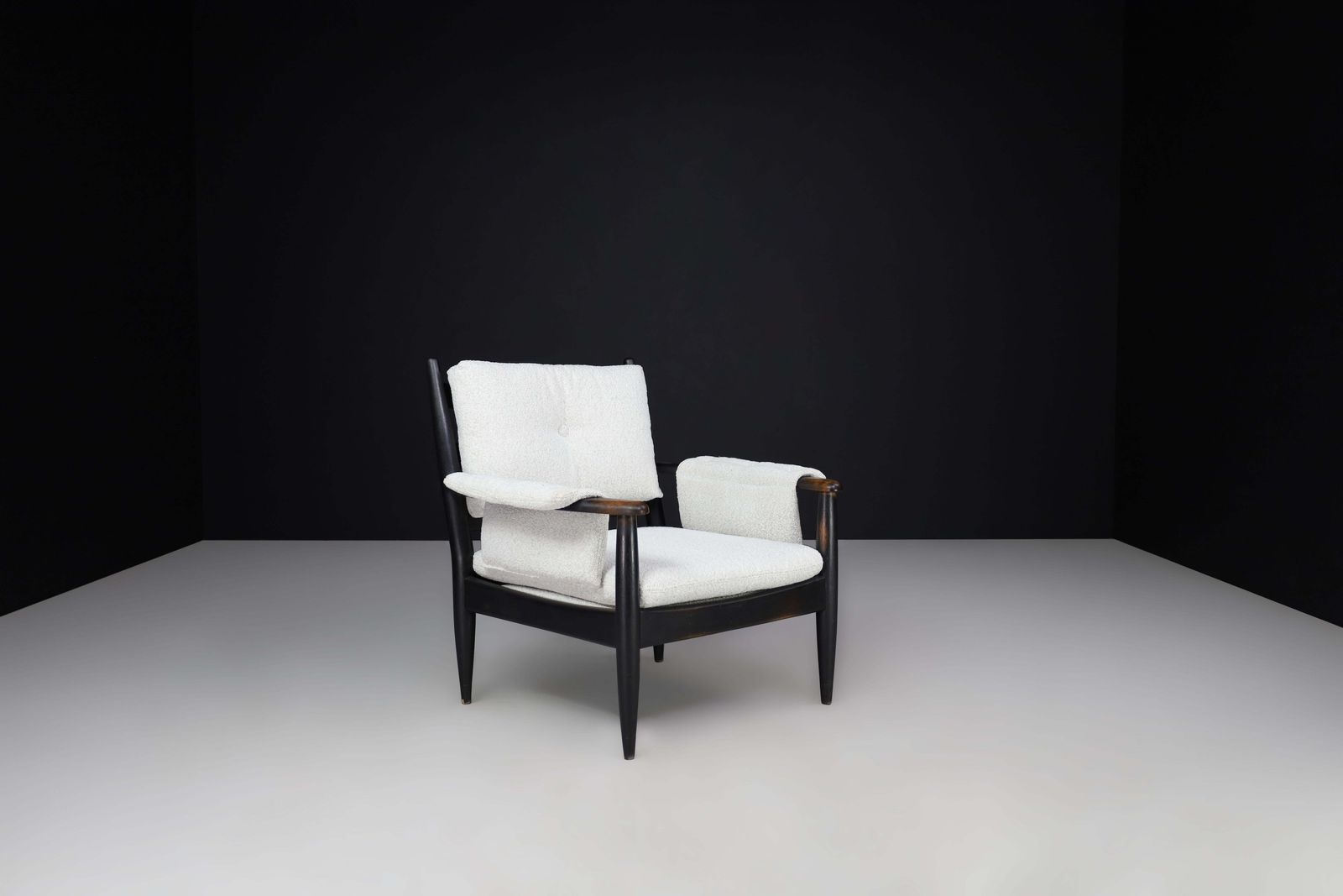 Mid Century French Armchair In Patinated Oak And Bouclé Upholstery, 1960s photo for sale