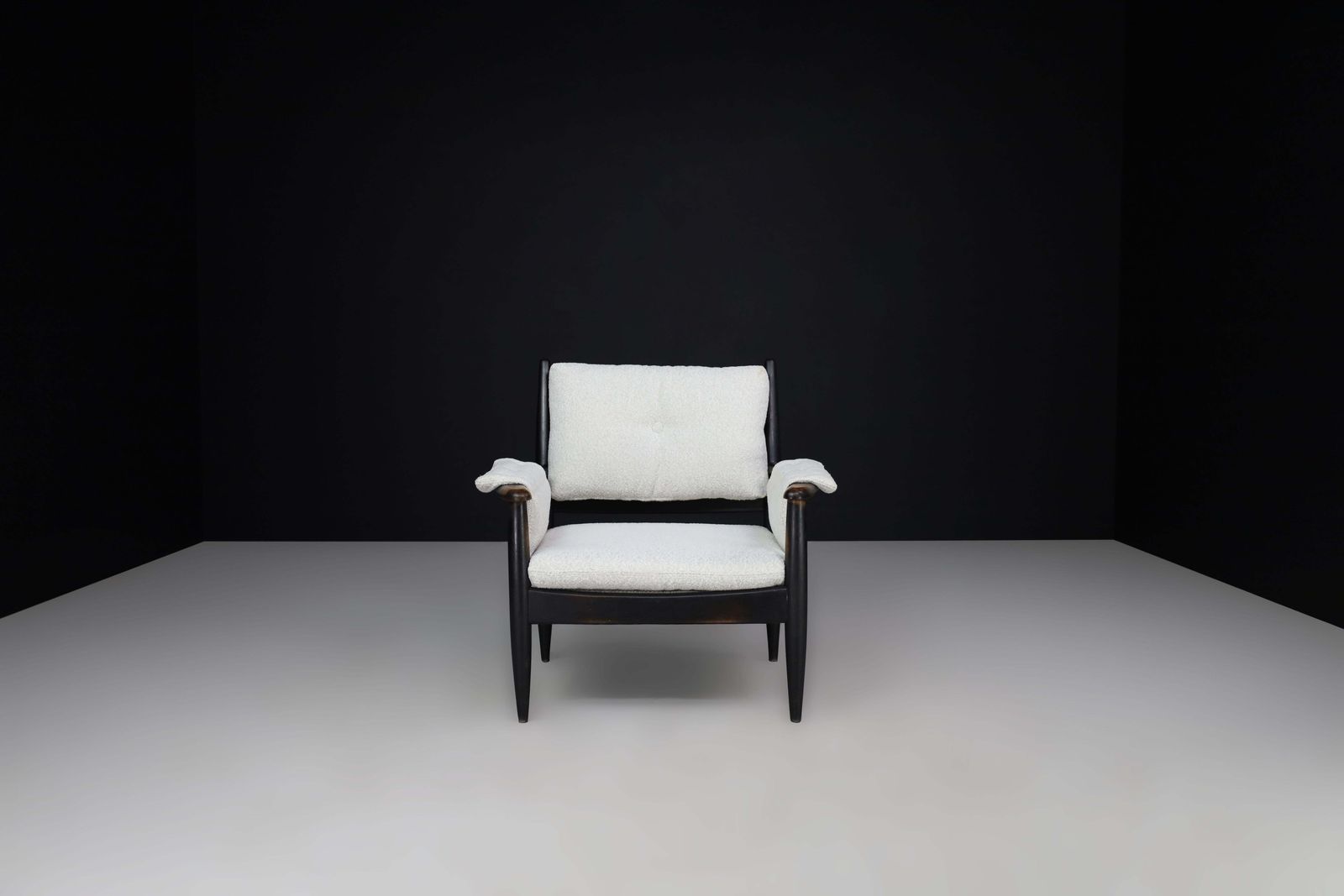Mid Century French Armchair In Patinated Oak And Bouclé Upholstery, 1960s photo vintage