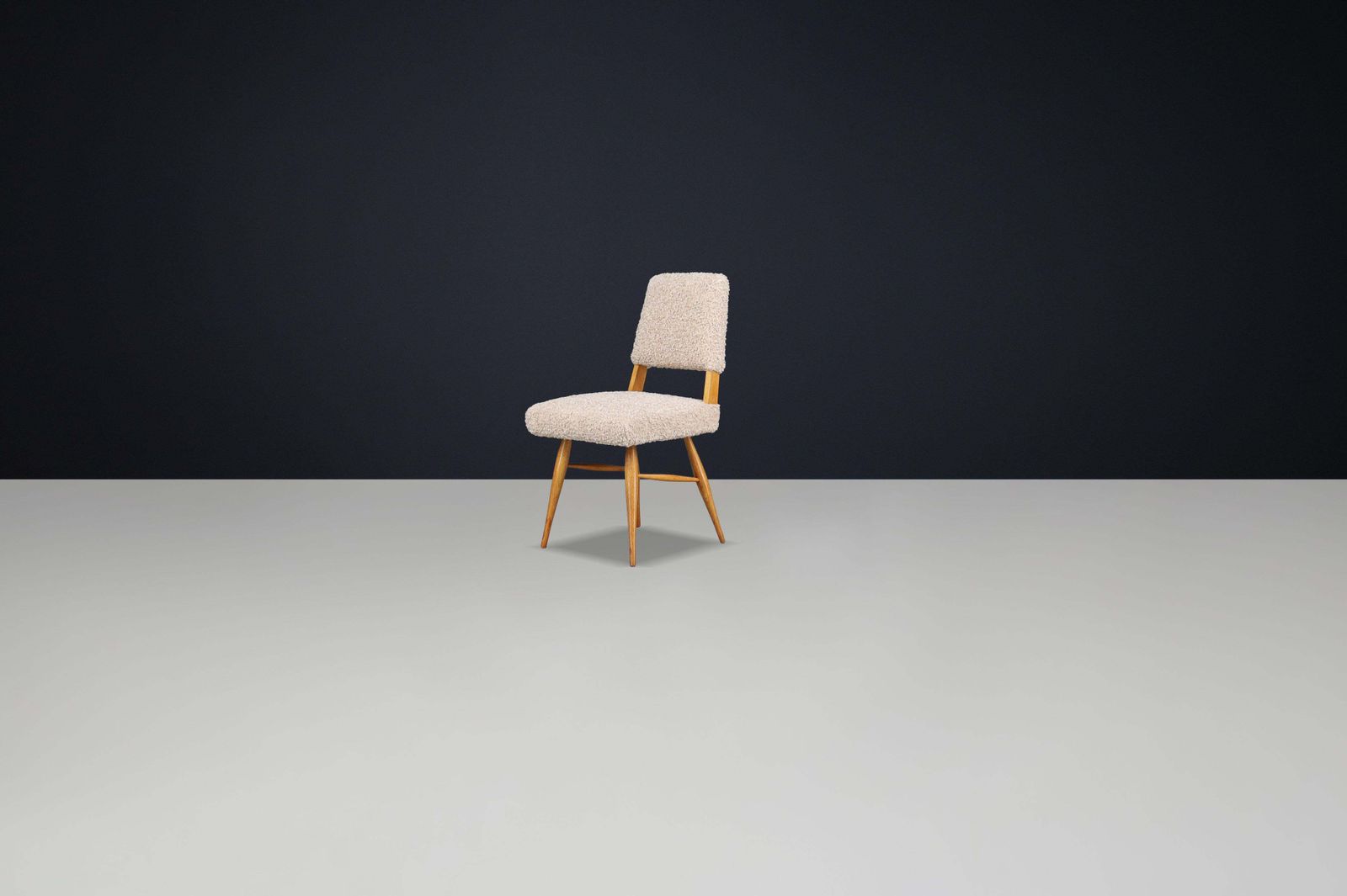 Sculptural Mid Century Dining Chairs In Ashwood With Soft Beige Teddy Upholstery photo for sale