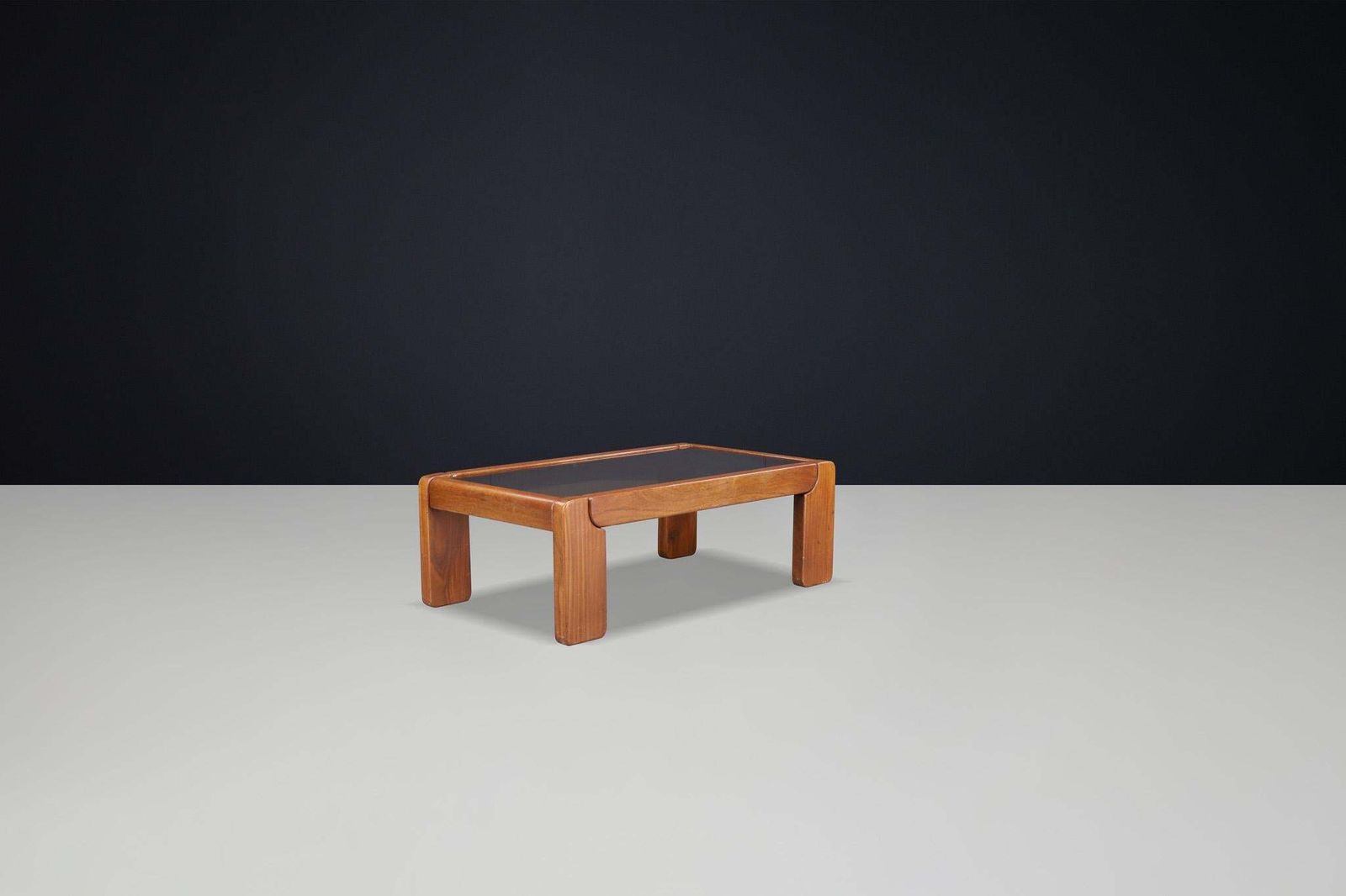 Modern Coffee Table In Elm And Smoked Glass By Maison Regain, France 1970s. photo vinterior