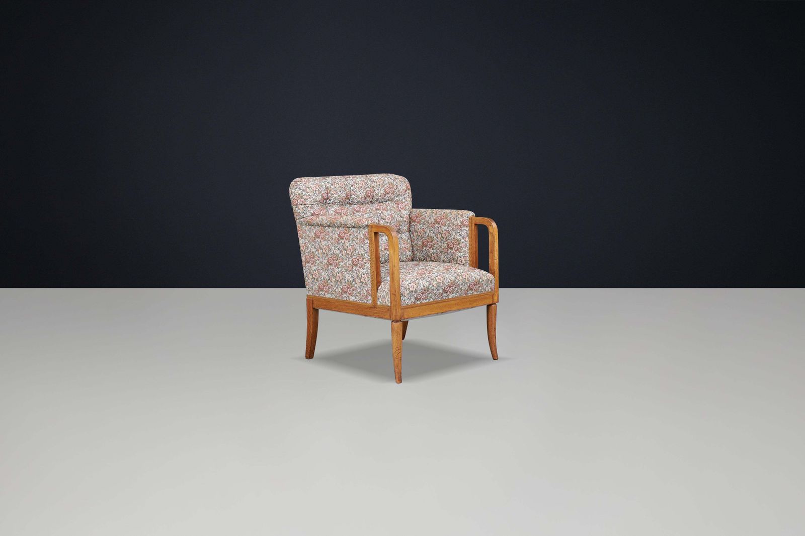 Elegant 1930s French Art Deco Oak Armchair With Original Floral Upholstery. photo for sale