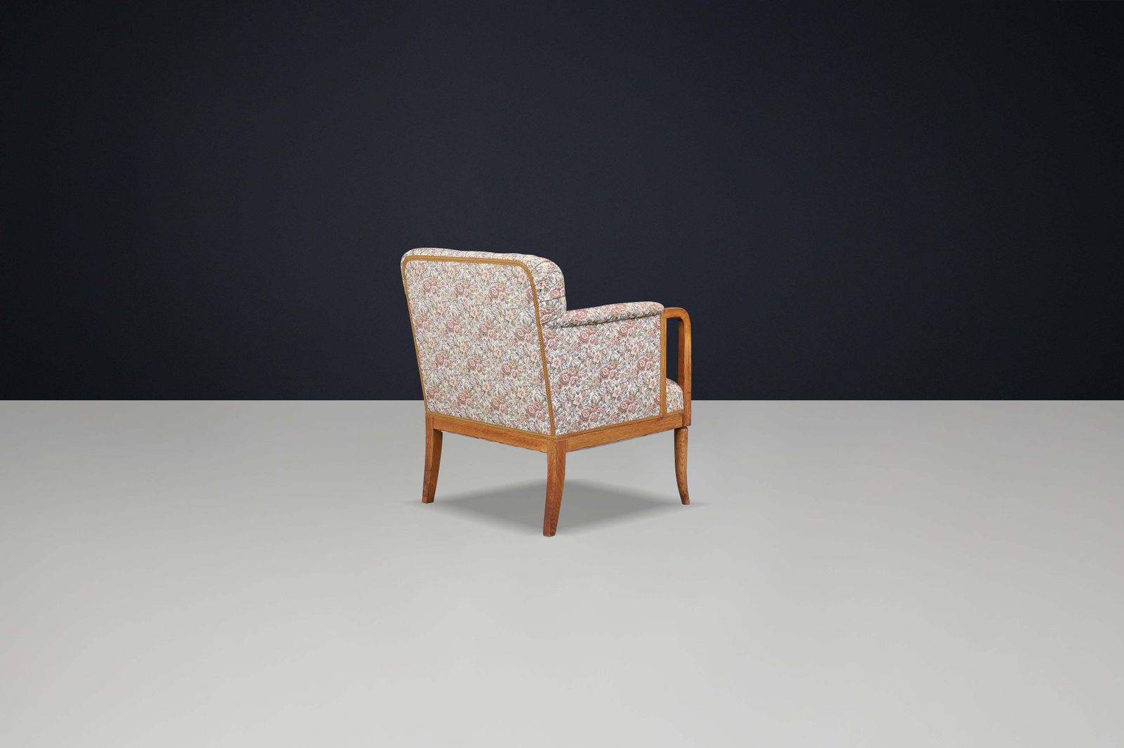 Elegant 1930s French Art Deco Oak Armchair With Original Floral Upholstery. photo Furniture