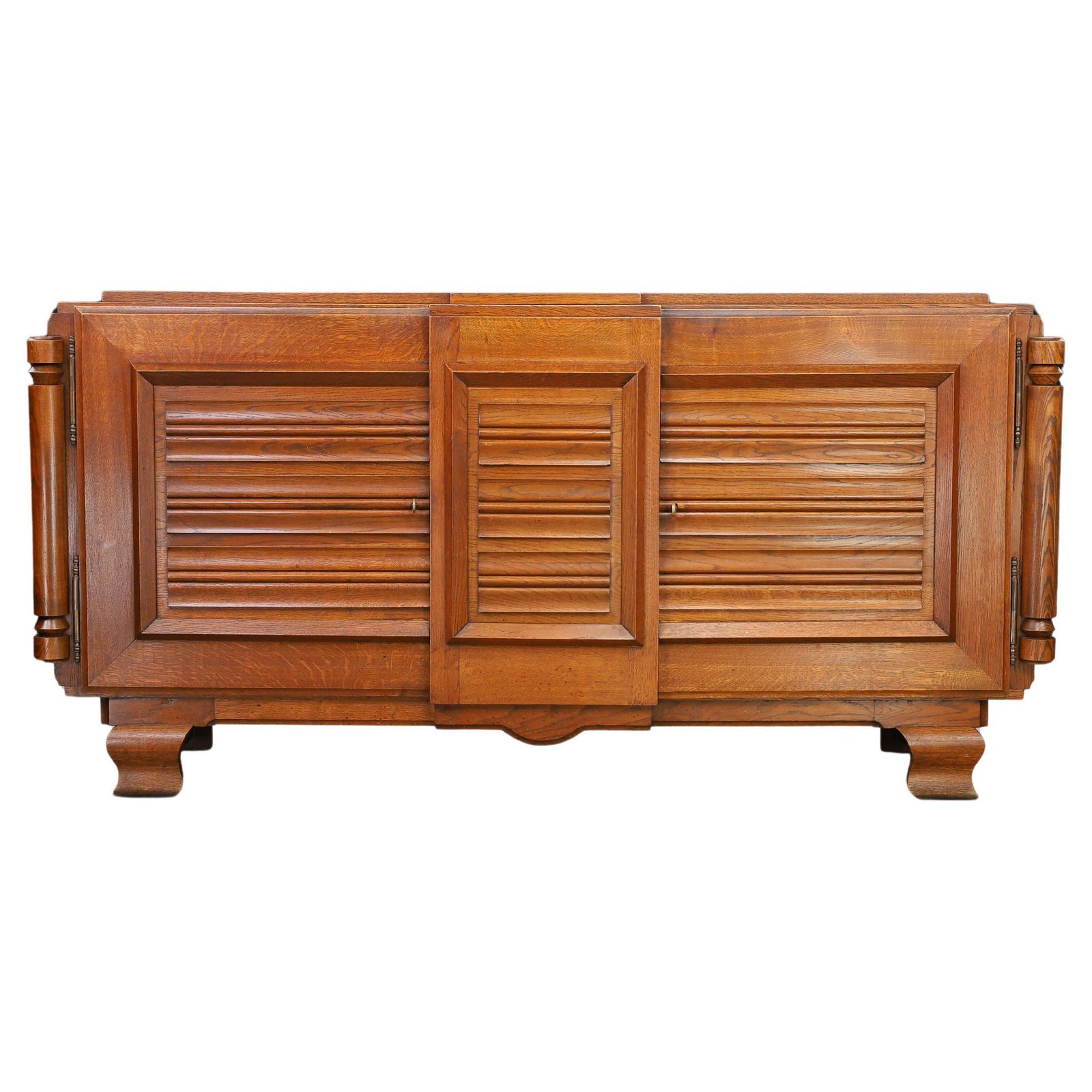 French Art Deco Patinated Oak Sideboard With Relief Carved Doors, 1940s