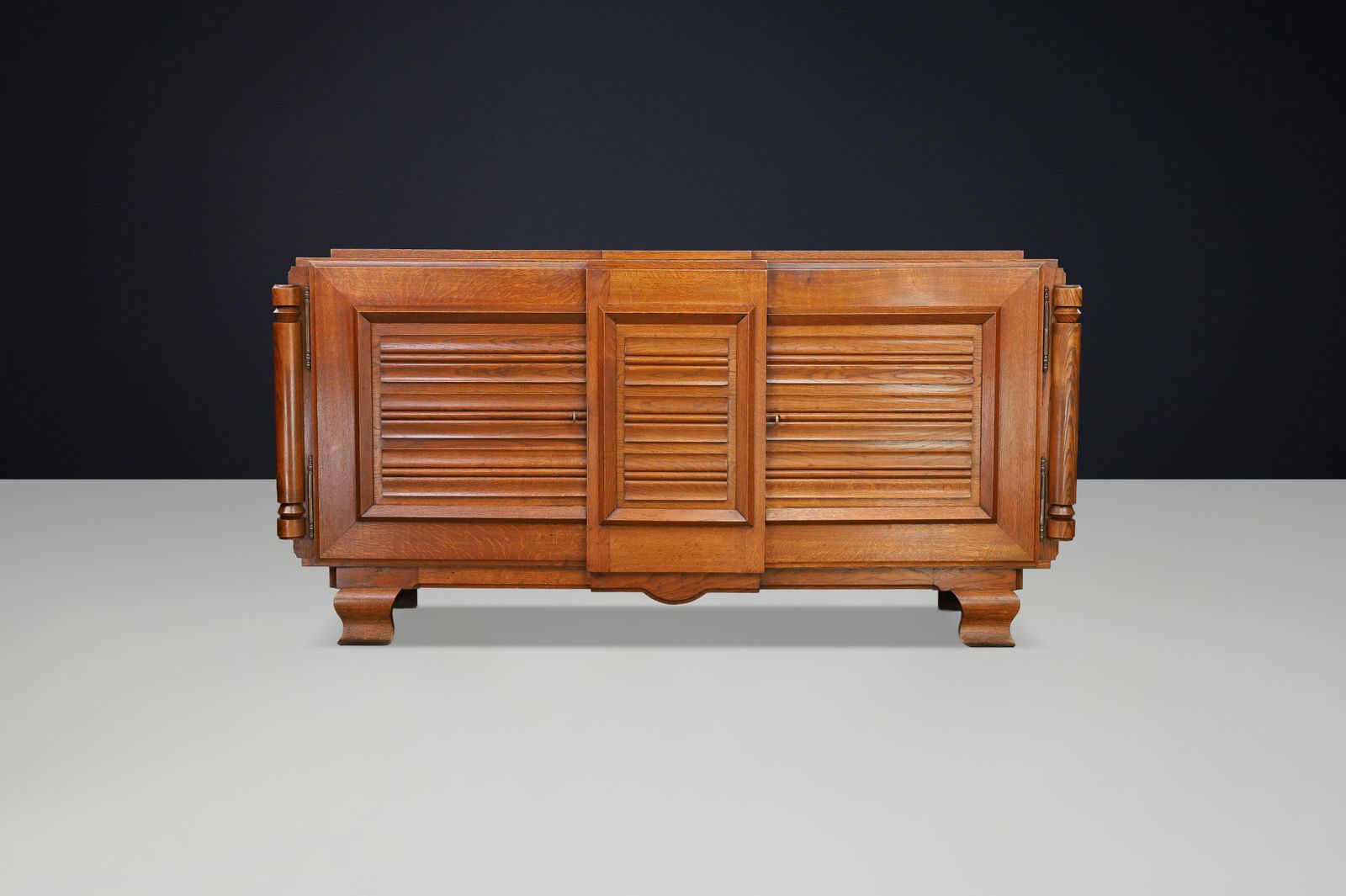 French Art Deco Patinated Oak Sideboard With Relief Carved Doors, 1940s photo furniture