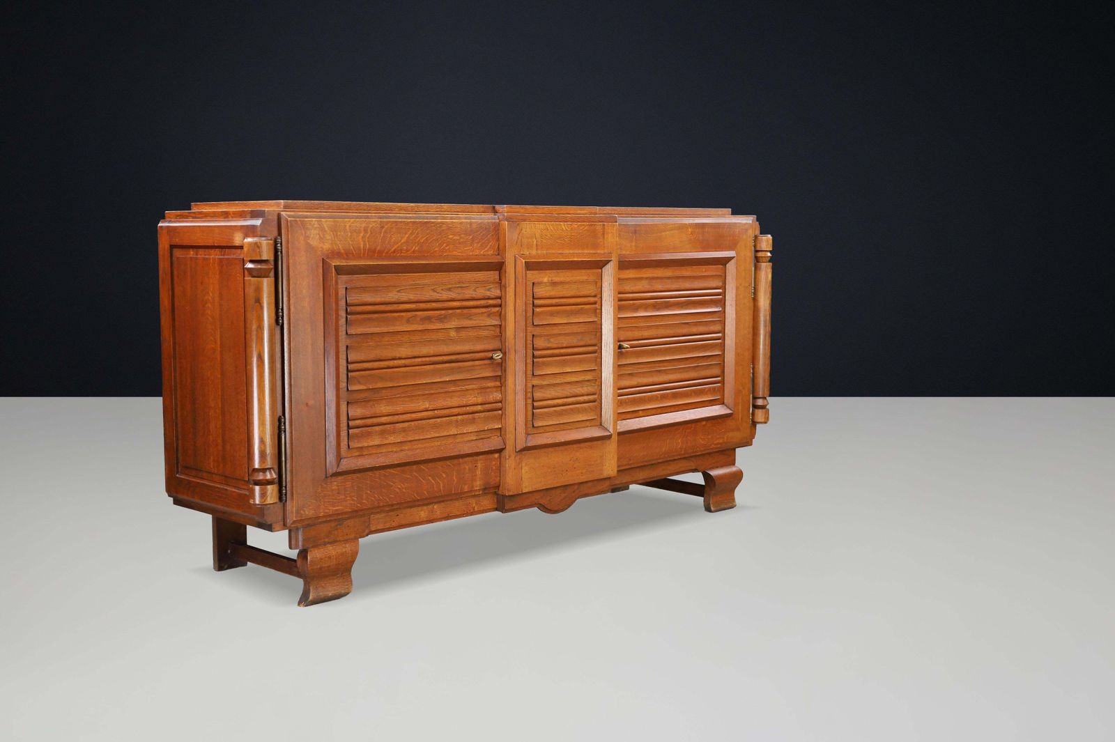 French Art Deco Patinated Oak Sideboard With Relief Carved Doors, 1940s photo buy