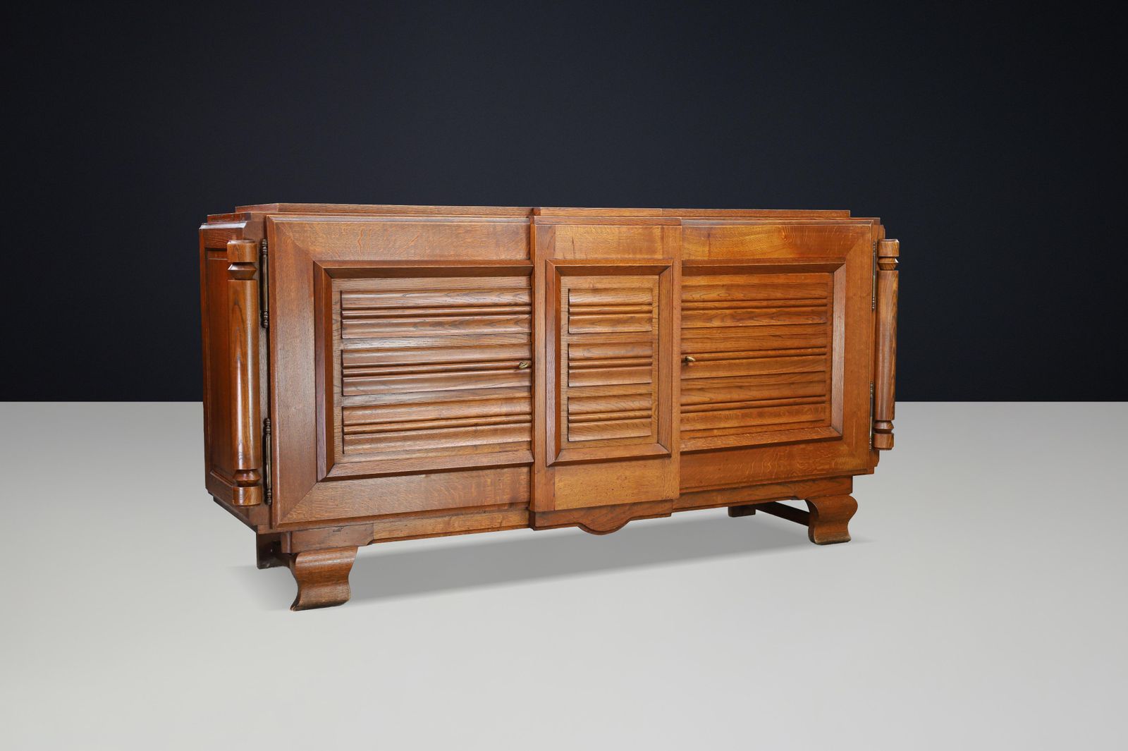 French Art Deco Patinated Oak Sideboard With Relief Carved Doors, 1940s photo vintage