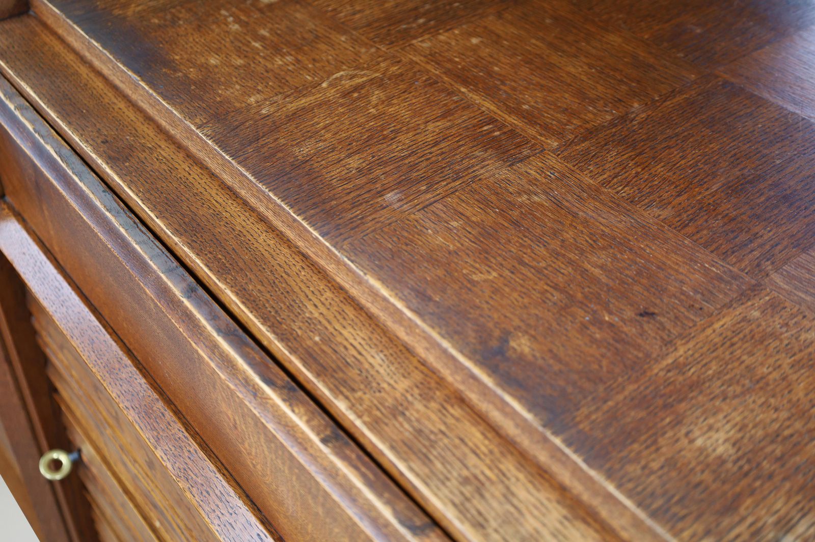 photo vintage French Art Deco Patinated Oak Sideboard With Relief Carved Doors, 1940s