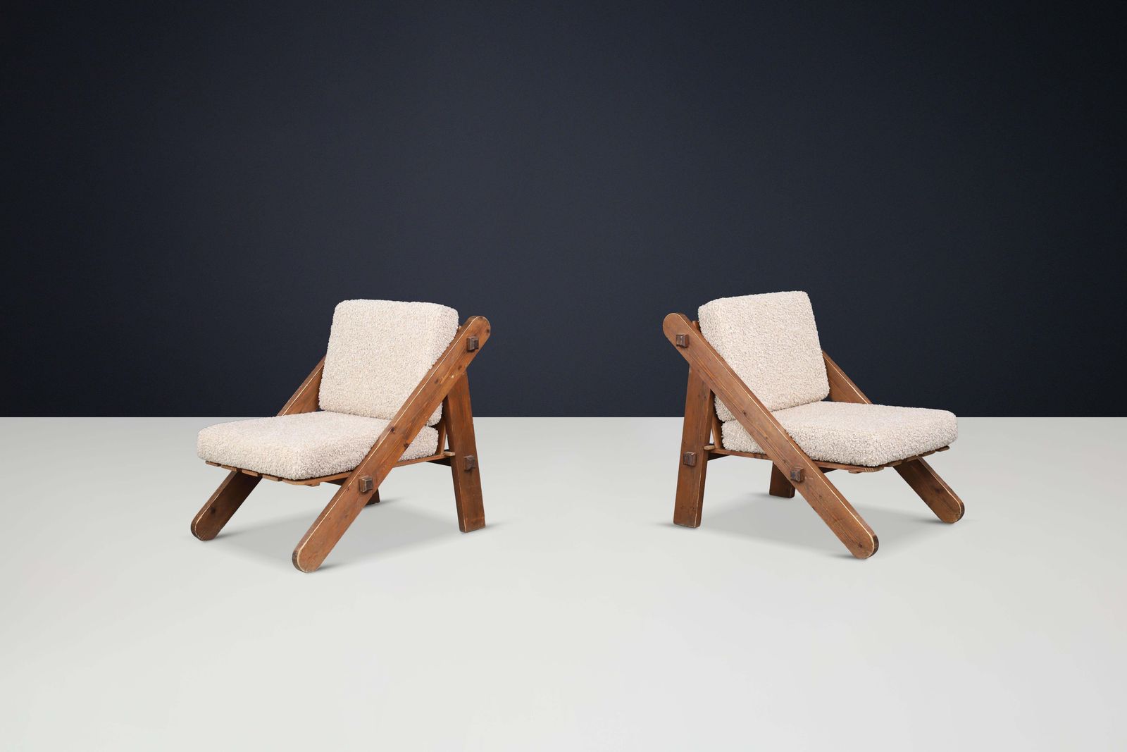 Pinewood Lounge Chairs In New Teddy Upholstery, France, 1970s photo Furniture