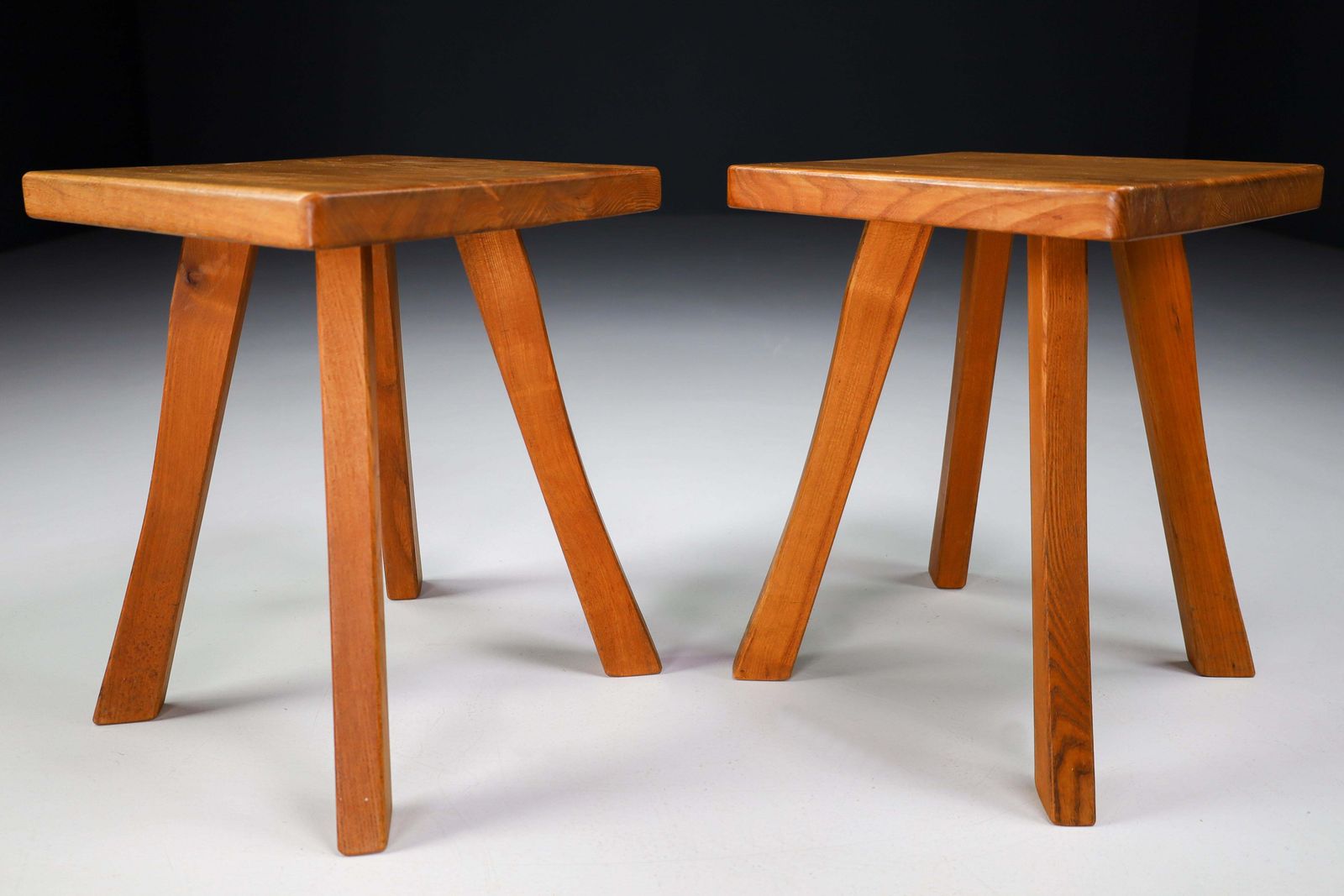 Set/4 Midcentury Elm French Stools In The Style Of Charlotte Perriand France, 50s photo for sale