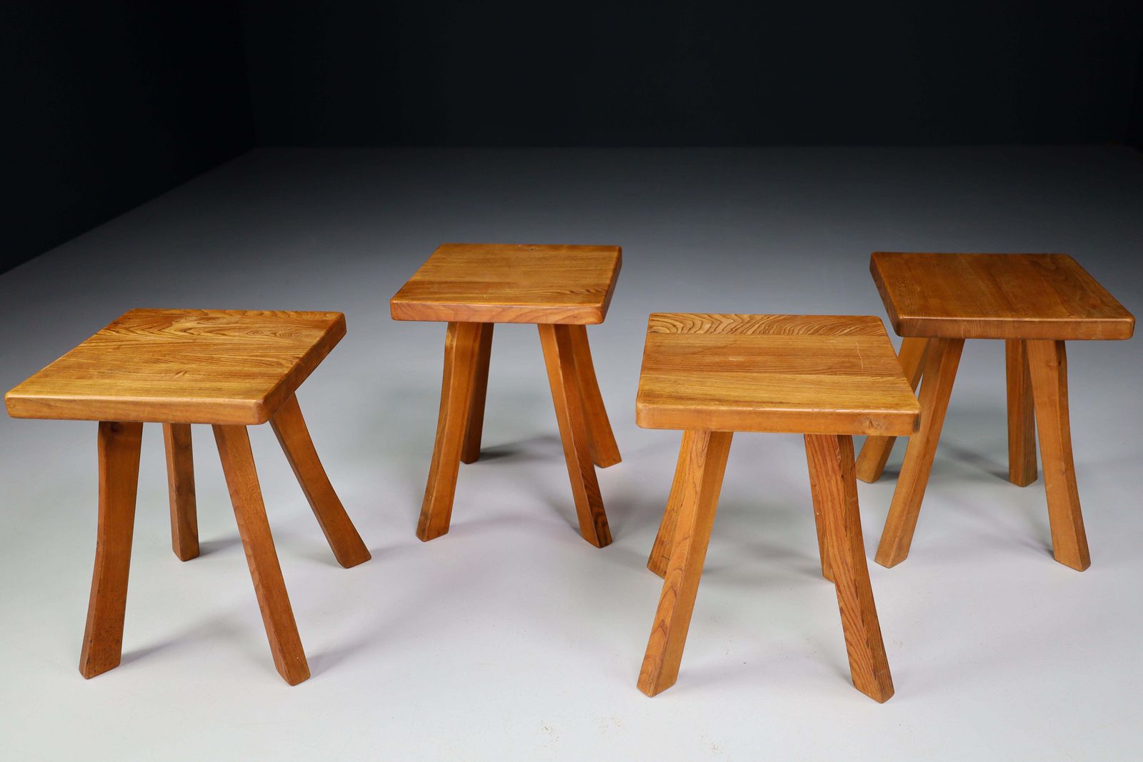 Set/4 Midcentury Elm French Stools In The Style Of Charlotte Perriand France, 50s photo Furniture