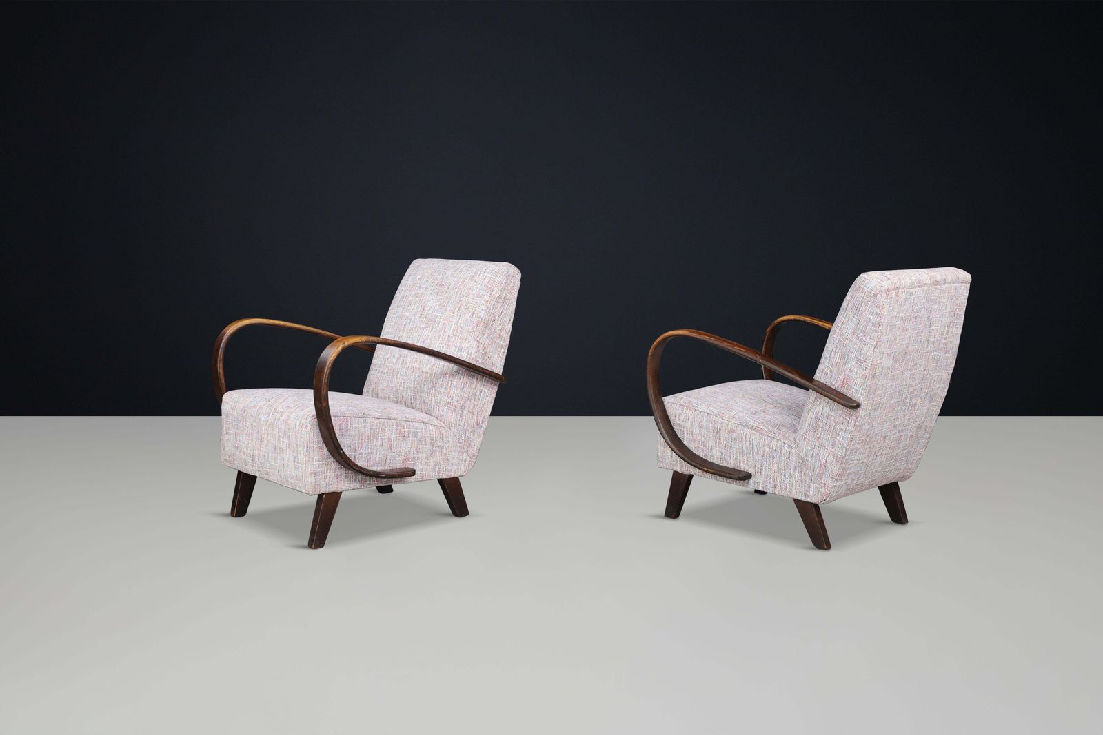 Jindrich Halabala Re Upholstered Patinated Bentwood Lounge Chairs, 1940s photo vinterior