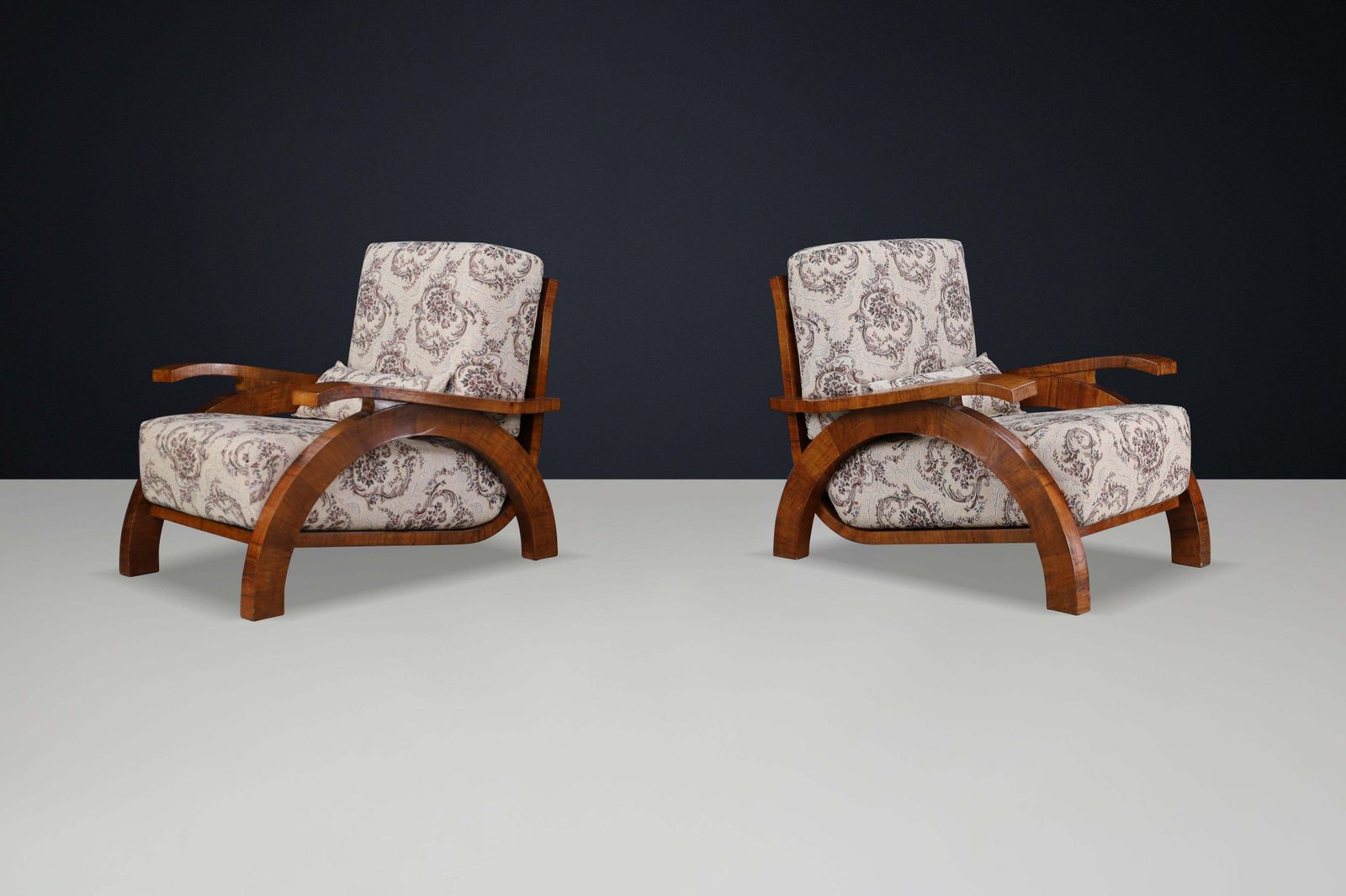 Furniture Monumental Pair Of 1930s Czech Art Deco Lounge Chairs In Walnut. photo