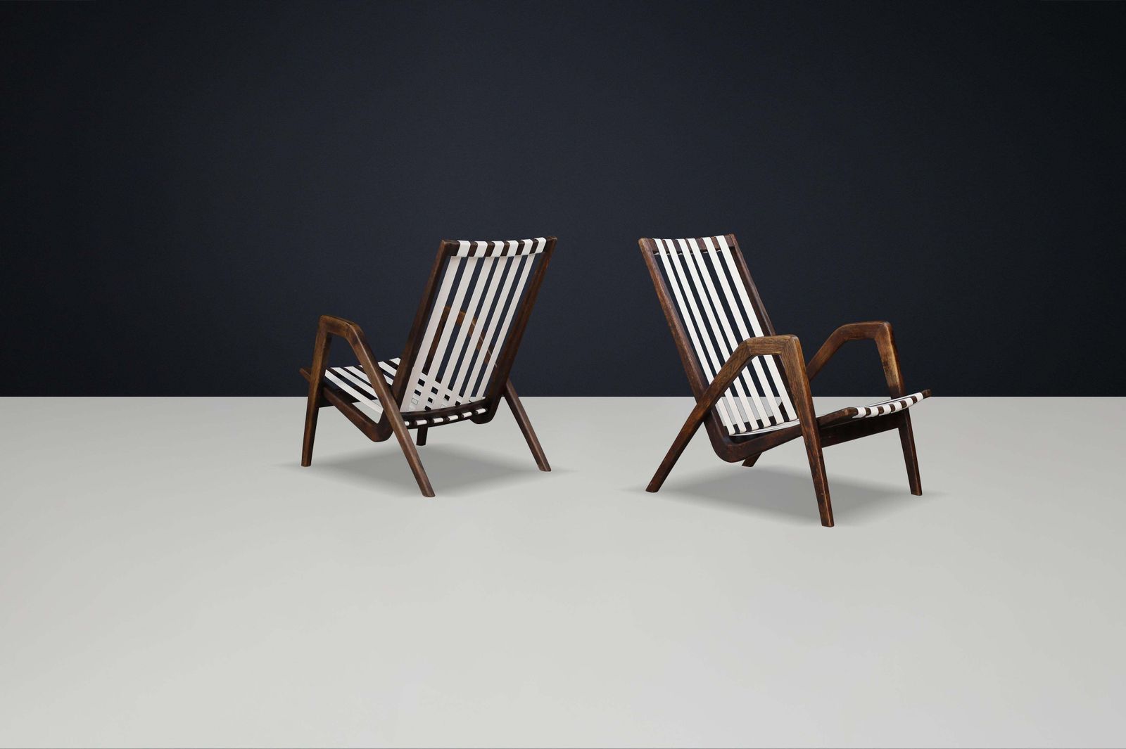 Rare Pair Of Jan Vaněk Sculptural Oak Lounge Chairs, 1940s Czech Modernism photo for sale