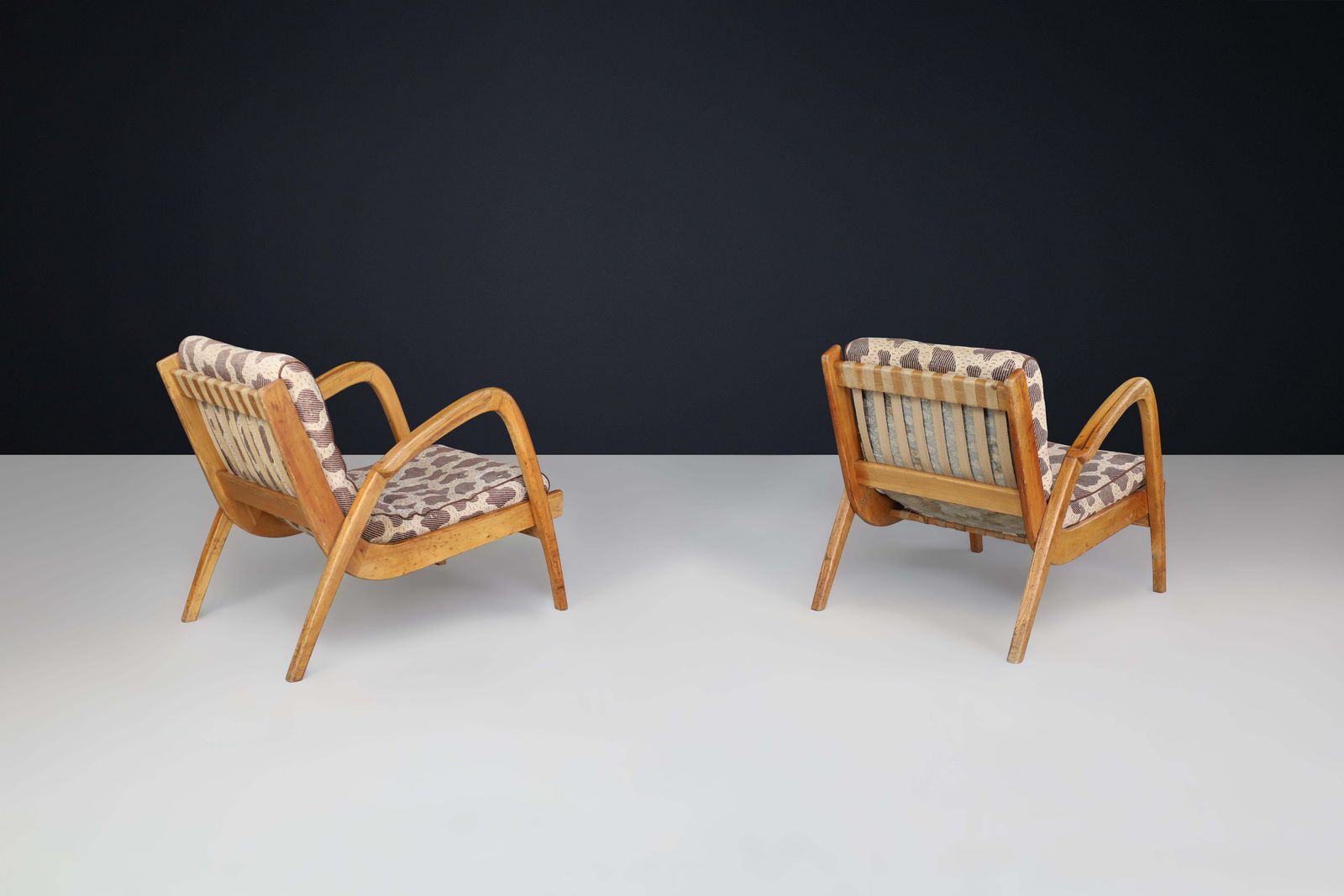 Pair Of Jan Vaněk Curved Easy Chairs In Ash With Original Upholstery, Cz 1950s photo vinterior