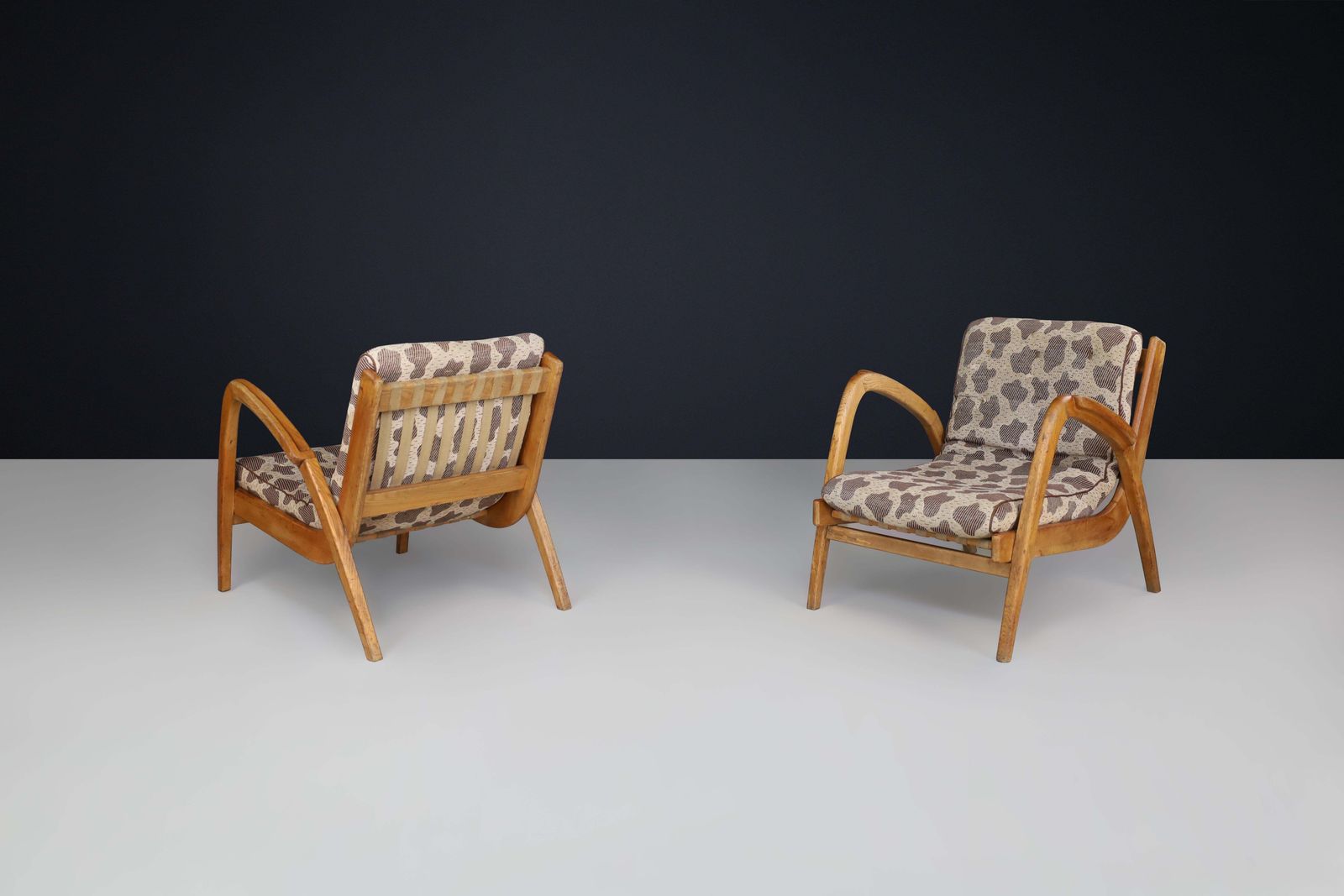 photo furniture Pair Of Jan Vaněk Curved Easy Chairs In Ash With Original Upholstery, Cz 1950s