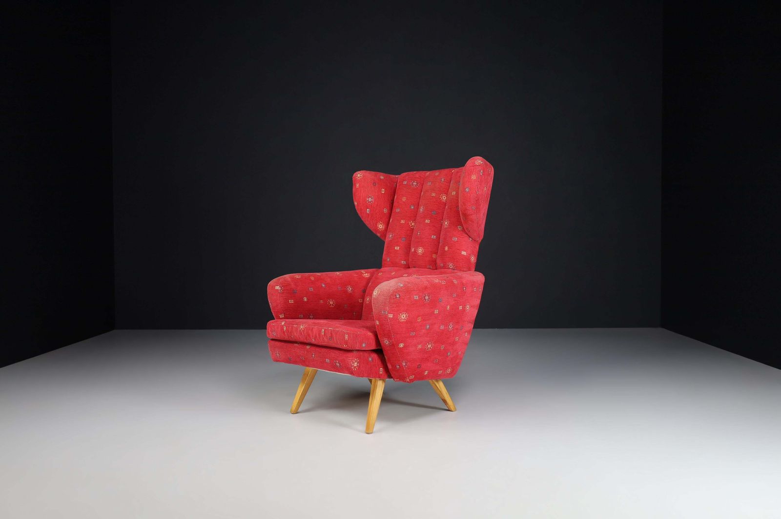 Wing Back Lounge Chair In Red Upholstery, Praque 1950s photo furniture