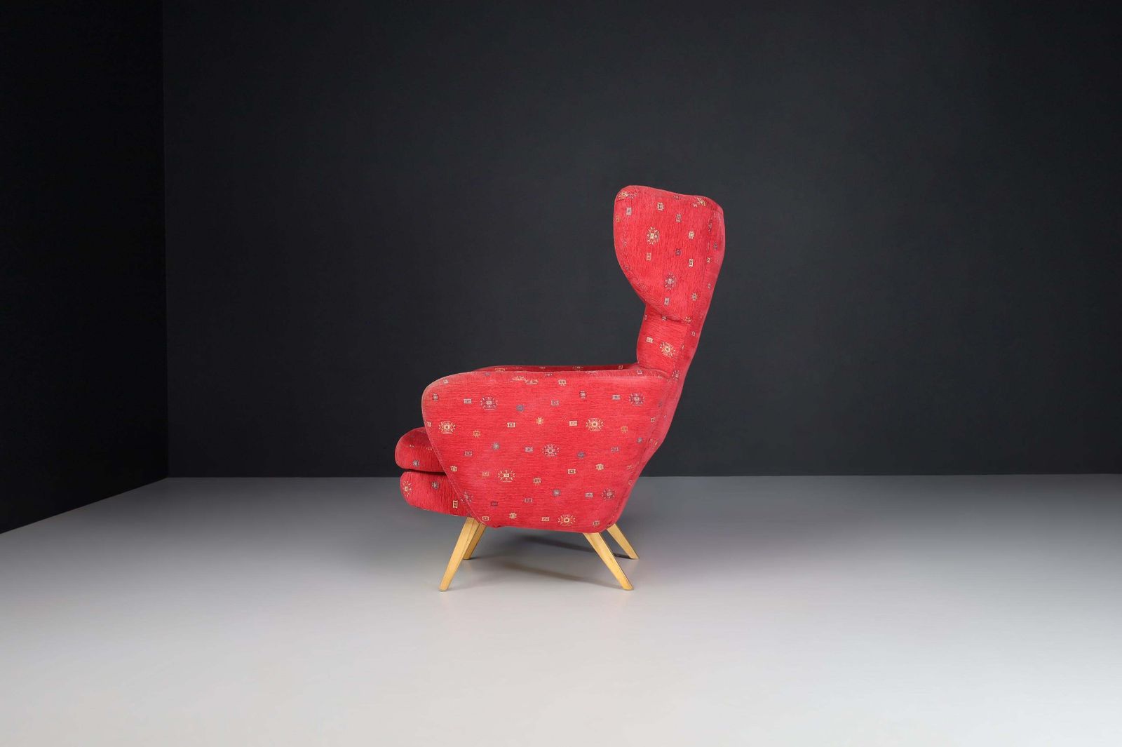 Wing Back Lounge Chair In Red Upholstery, Praque 1950s photo vintage