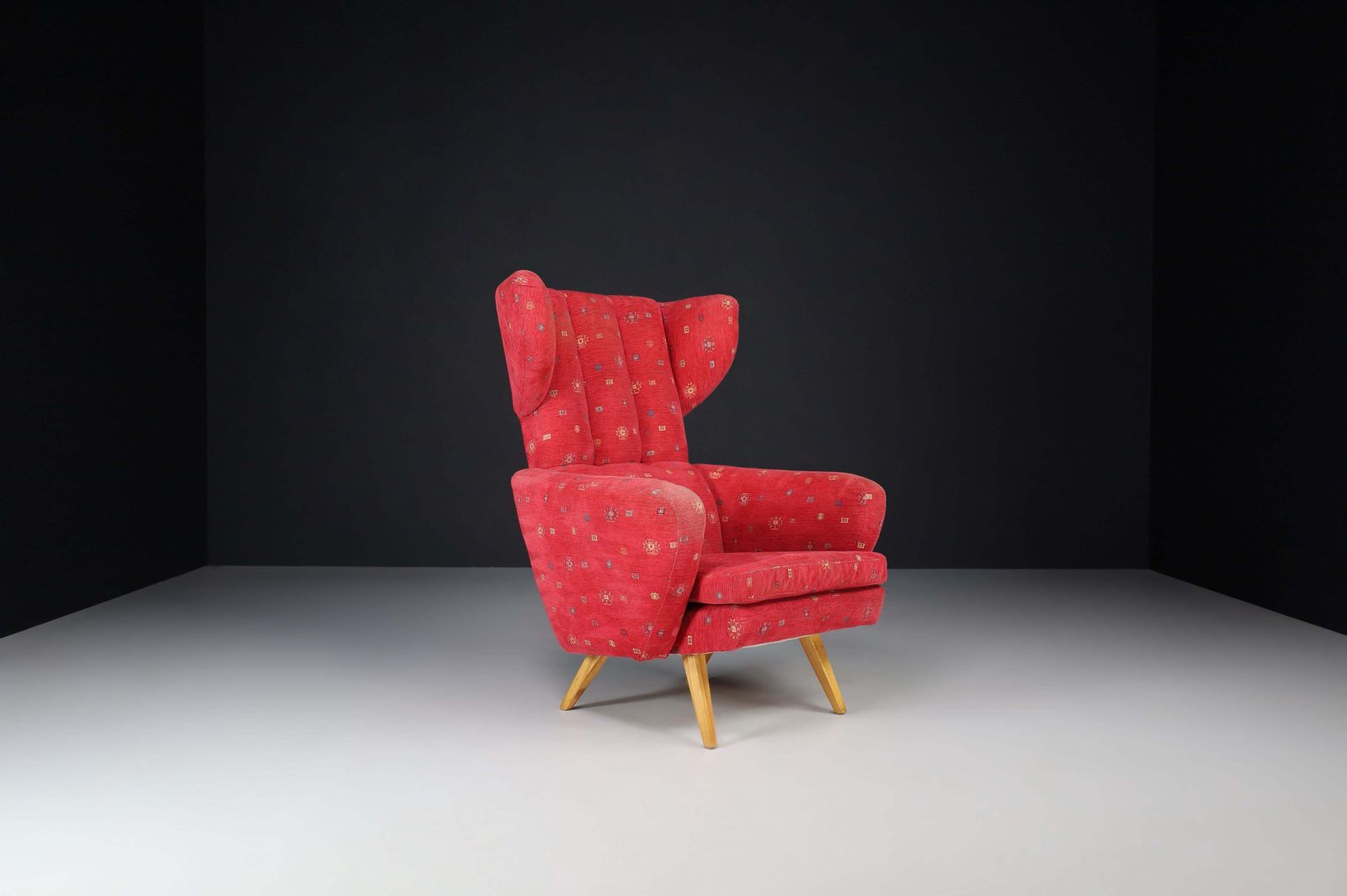 photo for sale Wing Back Lounge Chair In Red Upholstery, Praque 1950s