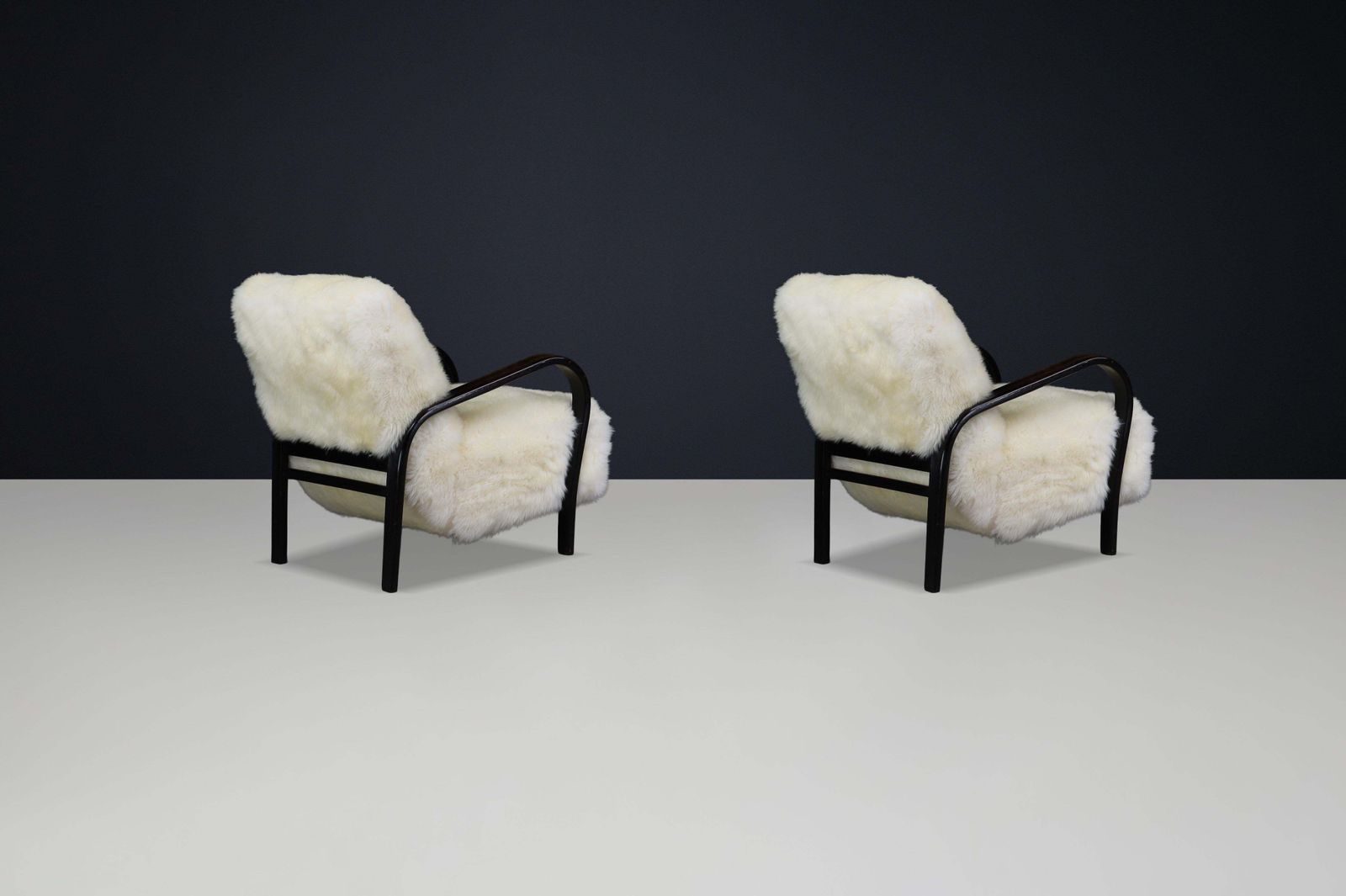 1940s Kozelka & Kropacek Armchairs In Ivory Texel Sheepskin Dark Patinated Frame photo 7455.0