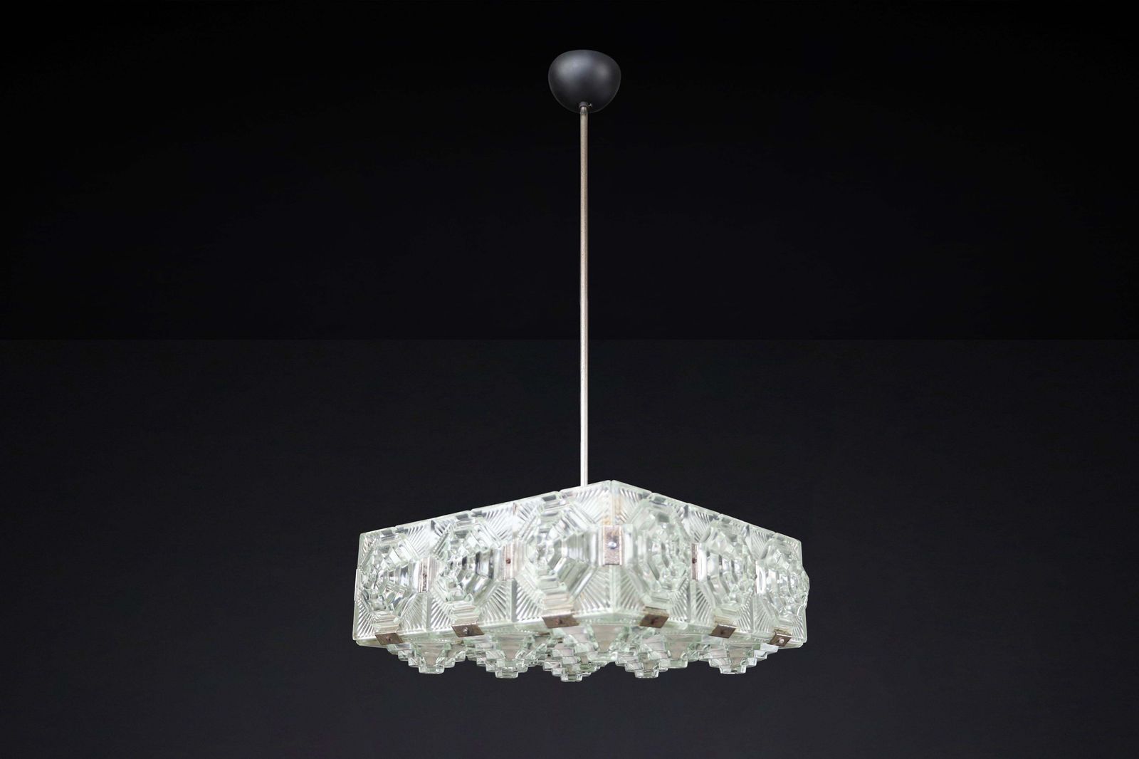 Bohemian Mid Century Modern Glass & Chrome Chandelier, Czechoslovakia, 1970s photo Lighting