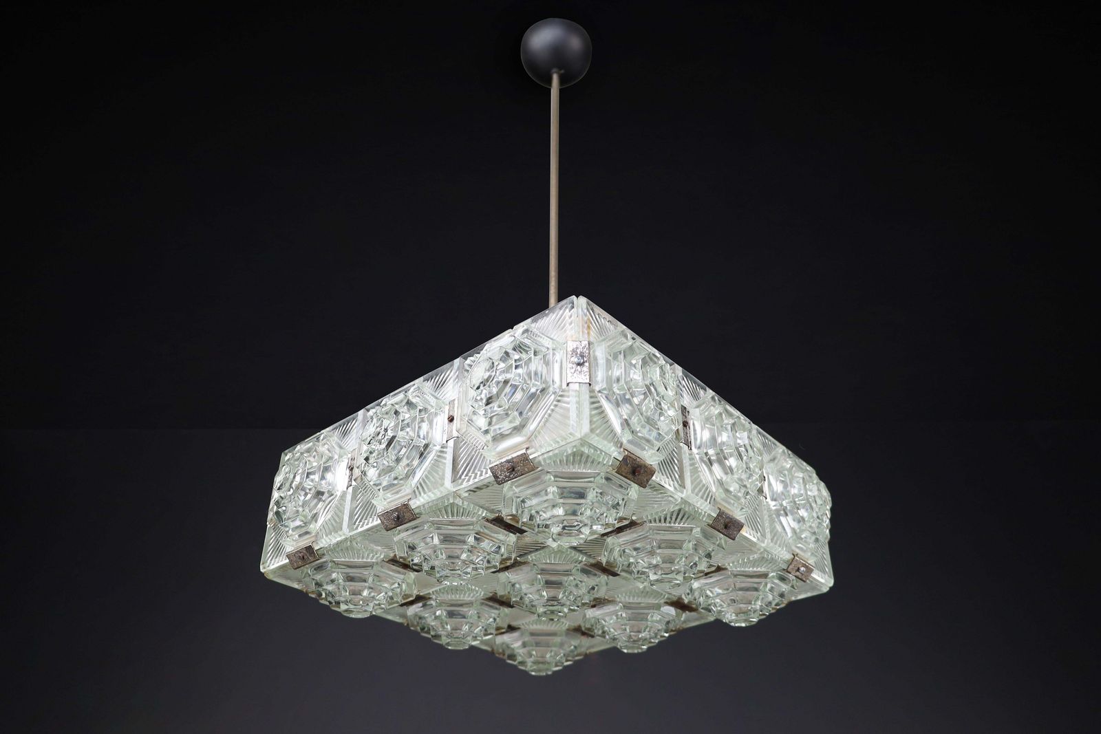 Bohemian Mid Century Modern Glass & Chrome Chandelier, Czechoslovakia, 1970s photo 1435.0