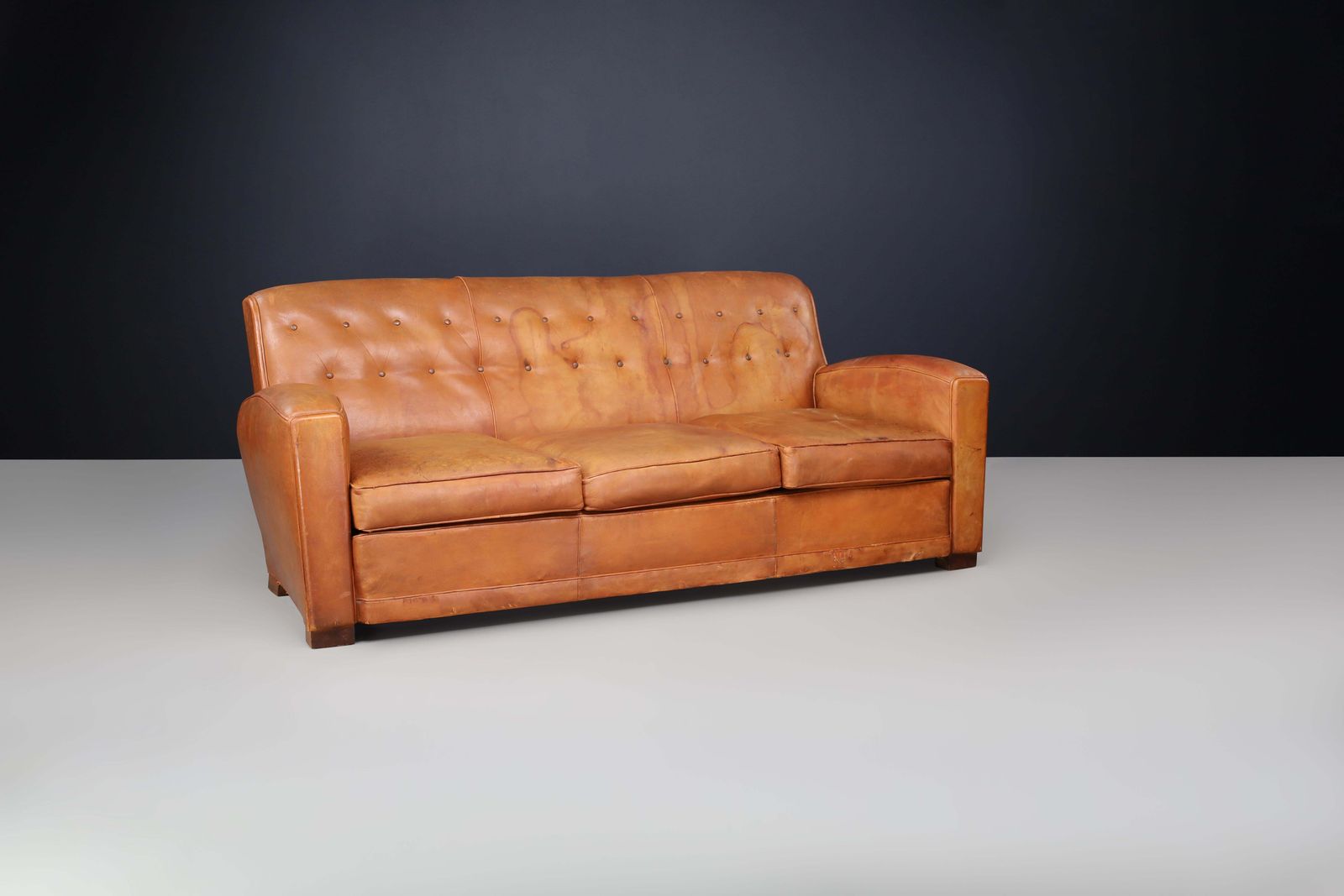 French Art Deco Patinated Leather Lounge Sofa, France, 1930s photo for sale