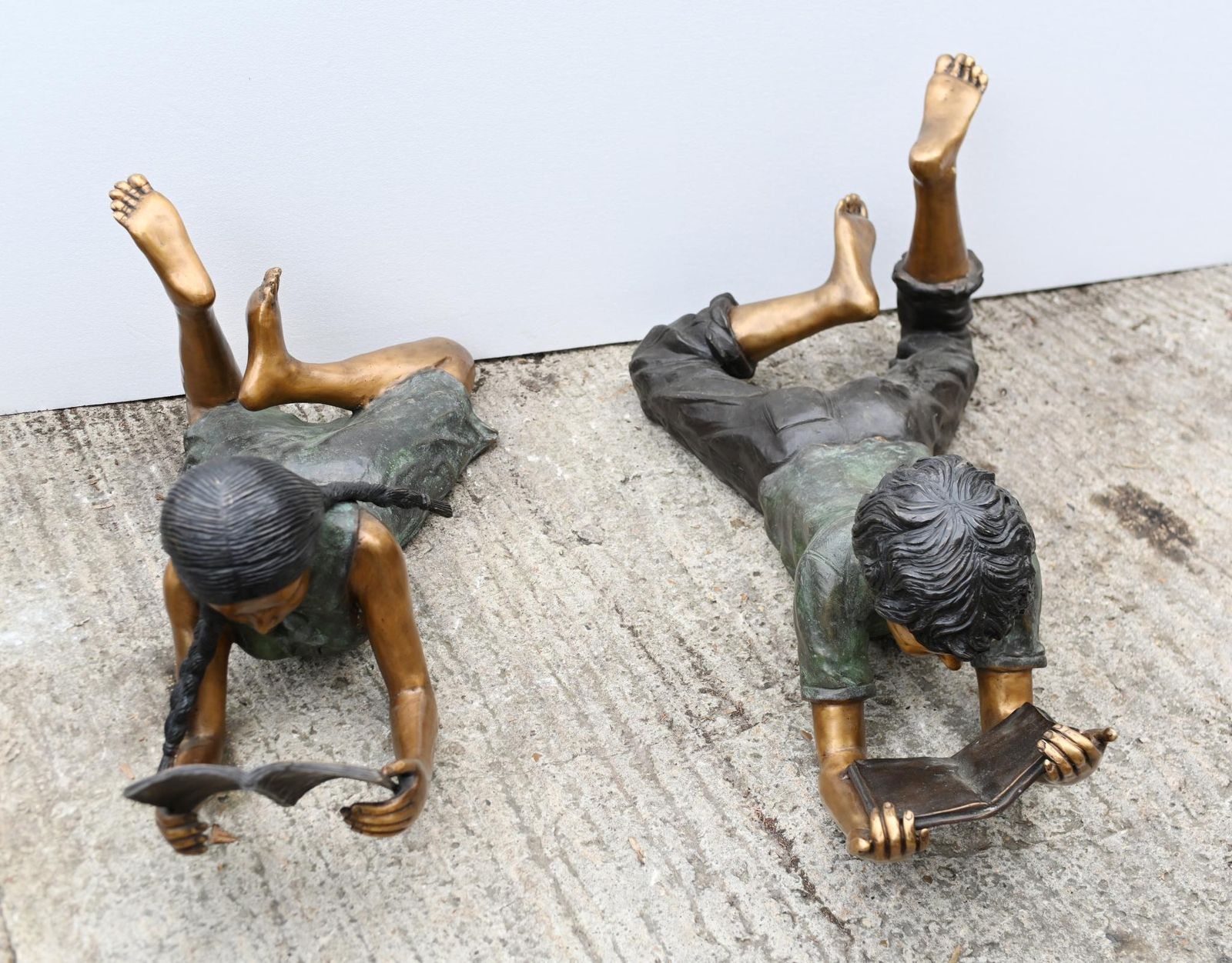 Pair Lifesize Bronze Children Reading Boy Girl Statues Art photo buy
